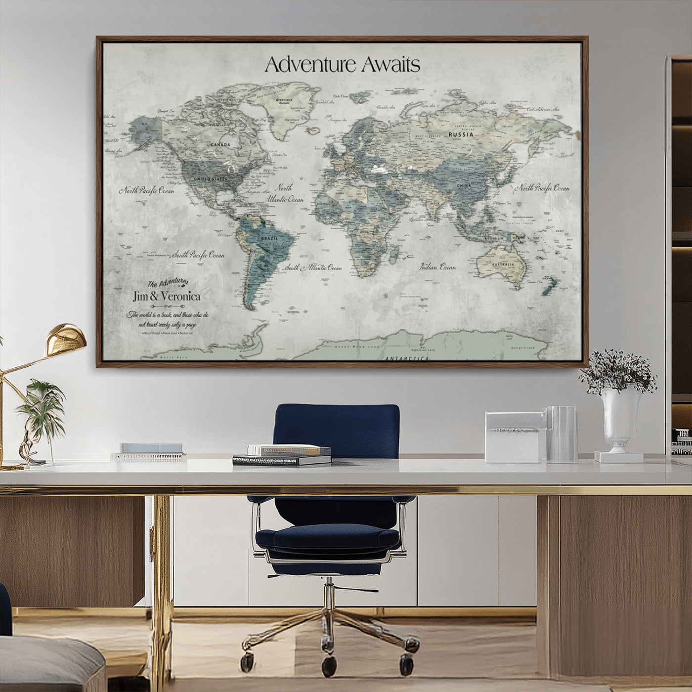 -Personalized Push Pin World Map Canvas Print – Custom Adventure Travel Map Framed Wall Art Gift for home, office