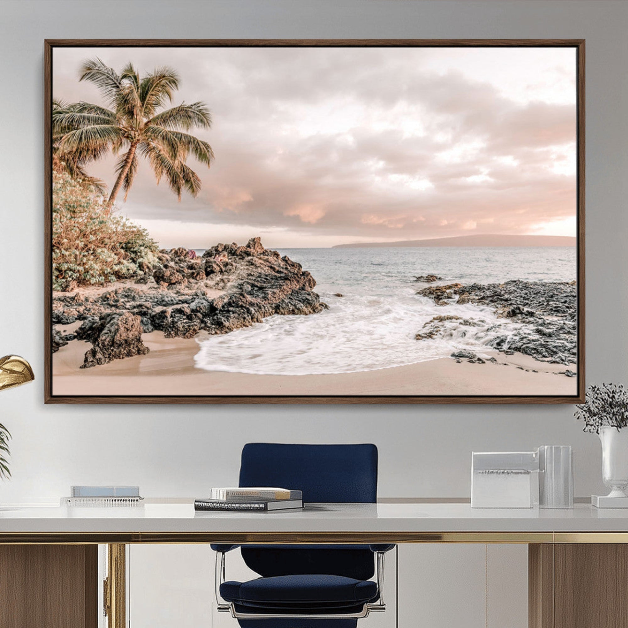 18005328-MGV-CV-36X24-Tropical Beach Wall Art Canvas Print – Palm Trees Rocky Shoreline Ocean Waves Sandy Coast Tranquil Sea Artwork for Home Office