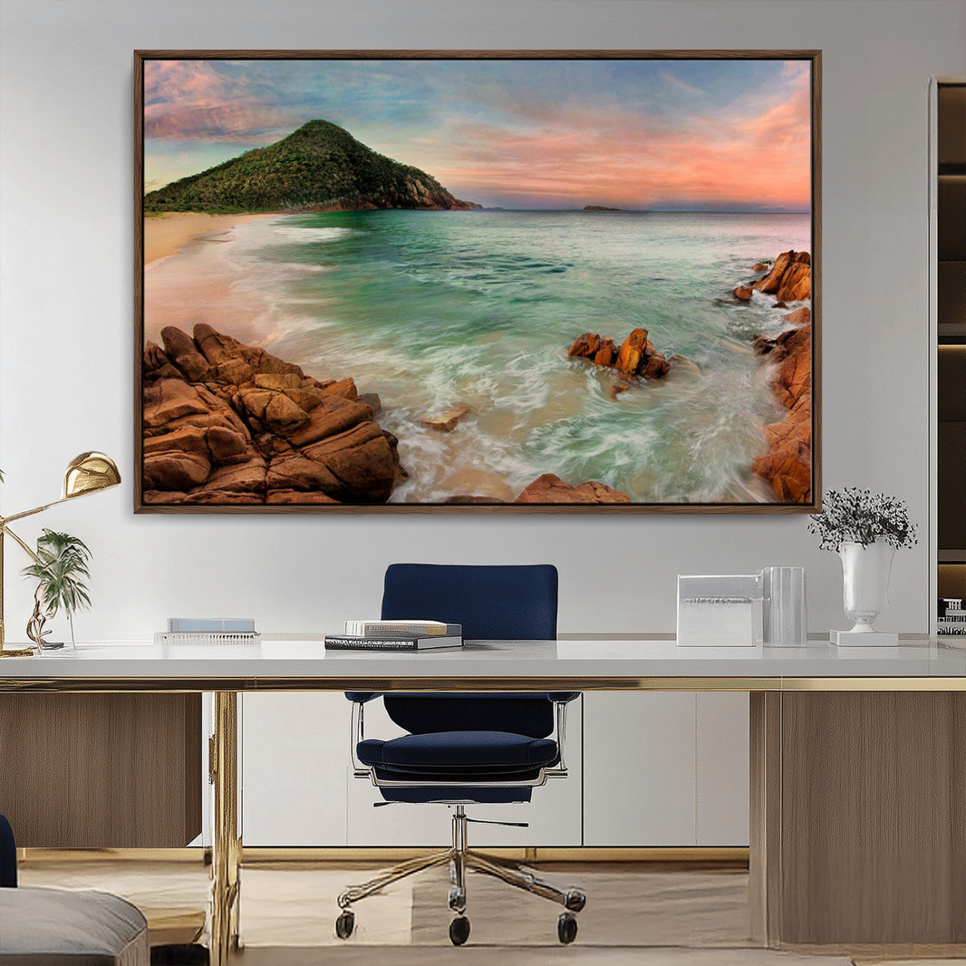 -Coastal Landscape Wall Art Canvas Print – Rocky Shore and Green Hills at Sunset Beautiful Ocean View Artwork for Home, Office