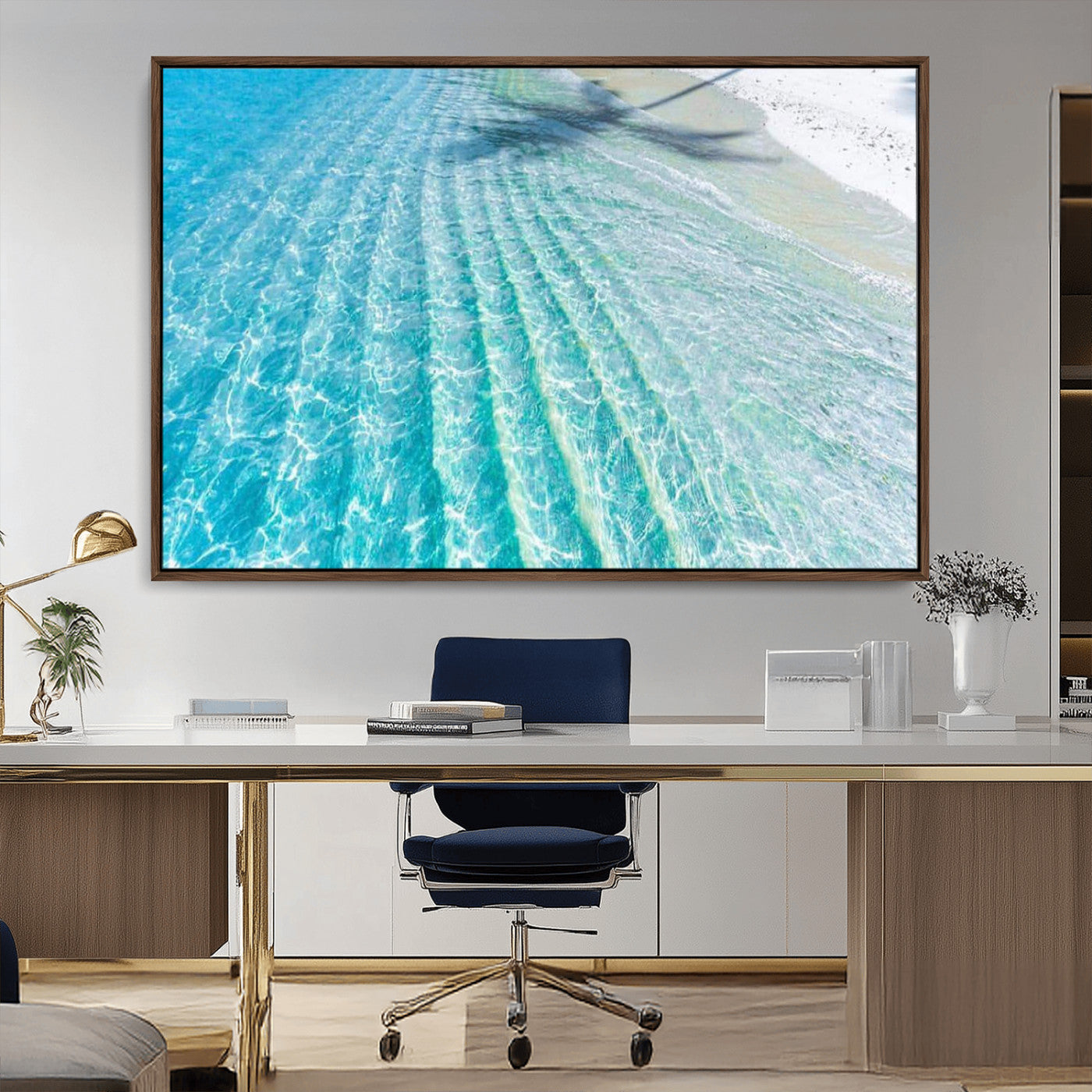 -Crystal Clear Ocean Wall Art Canvas Print – Sunlight Reflections and Palm Tree Shadow on Sandy Beach Artwork for Home, Office