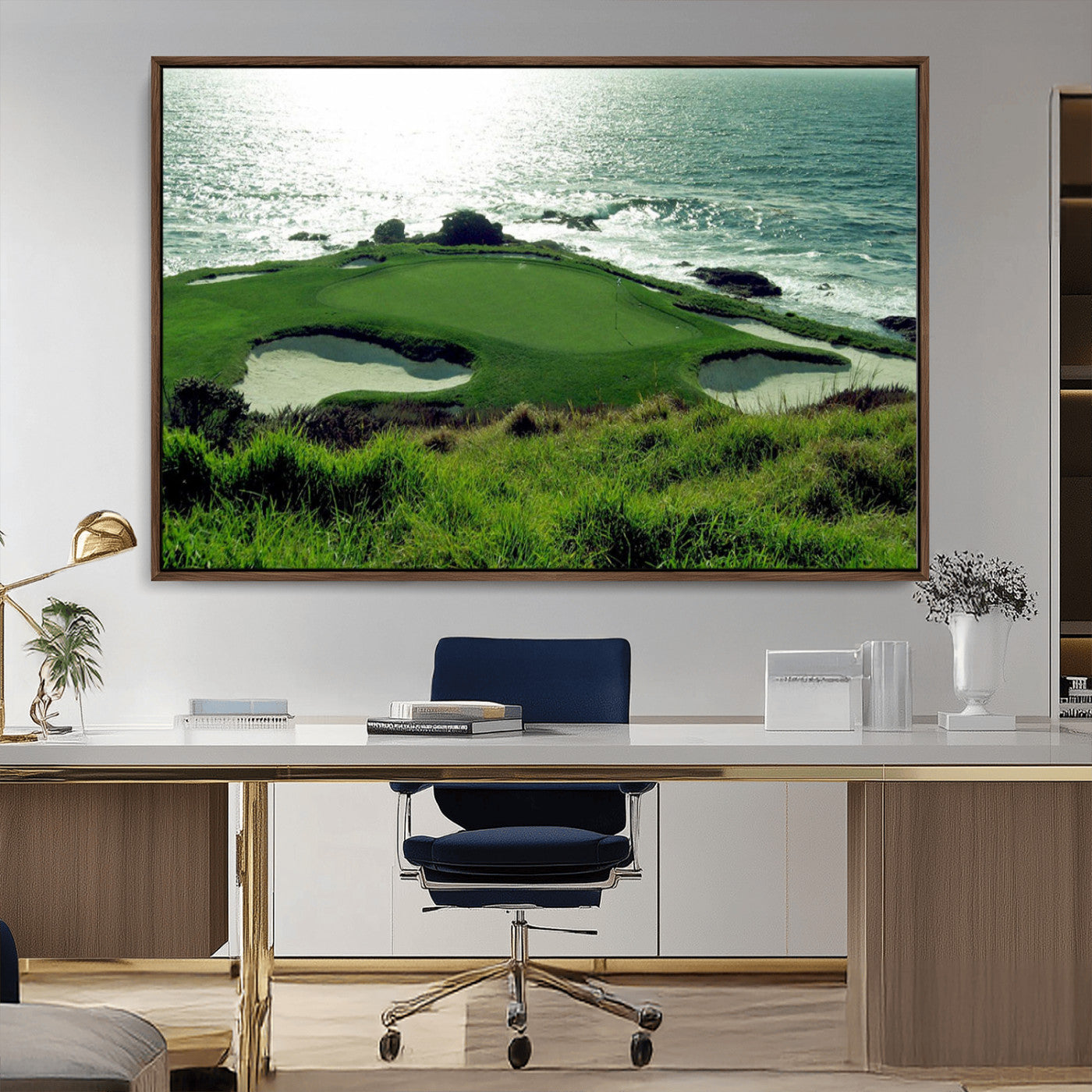 -Coastal Golf Course Wall Art Canvas Print – Scenic Green Surrounded by Sand Bunkers and Ocean Waves Artwork for Home, Office