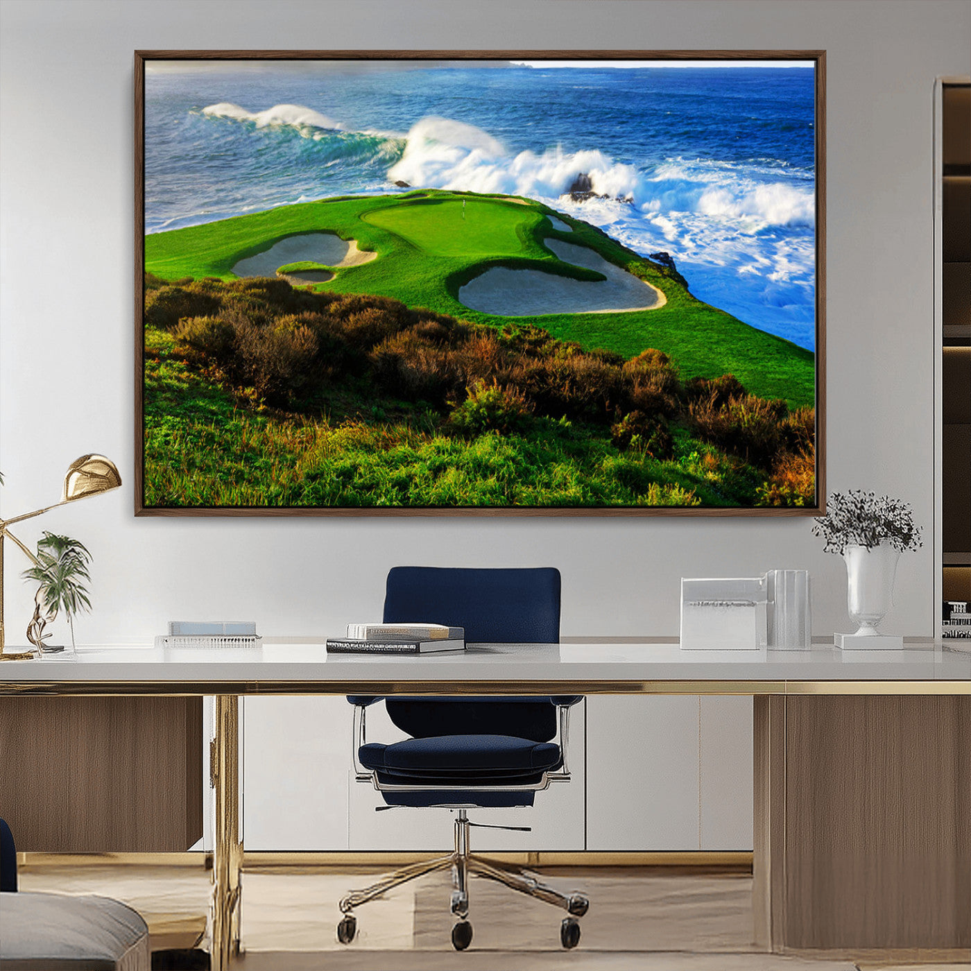 34181847-MGV-CV-36X24-Coastal Golf Course Wall Art Canvas Print – Vibrant Green with Sand Bunkers Overlooking Ocean Waves Artwork for Home, Office