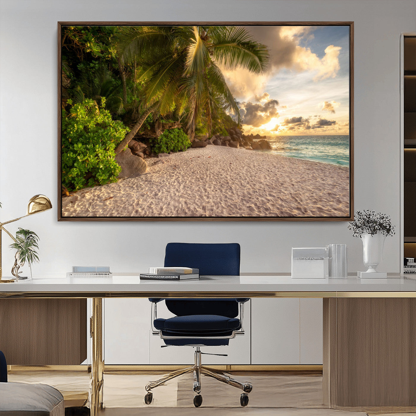 MGV-FC-36X24 - Tropical beach sunset, palm trees, white sand, ocean waves, golden sky, serene landscape, nature