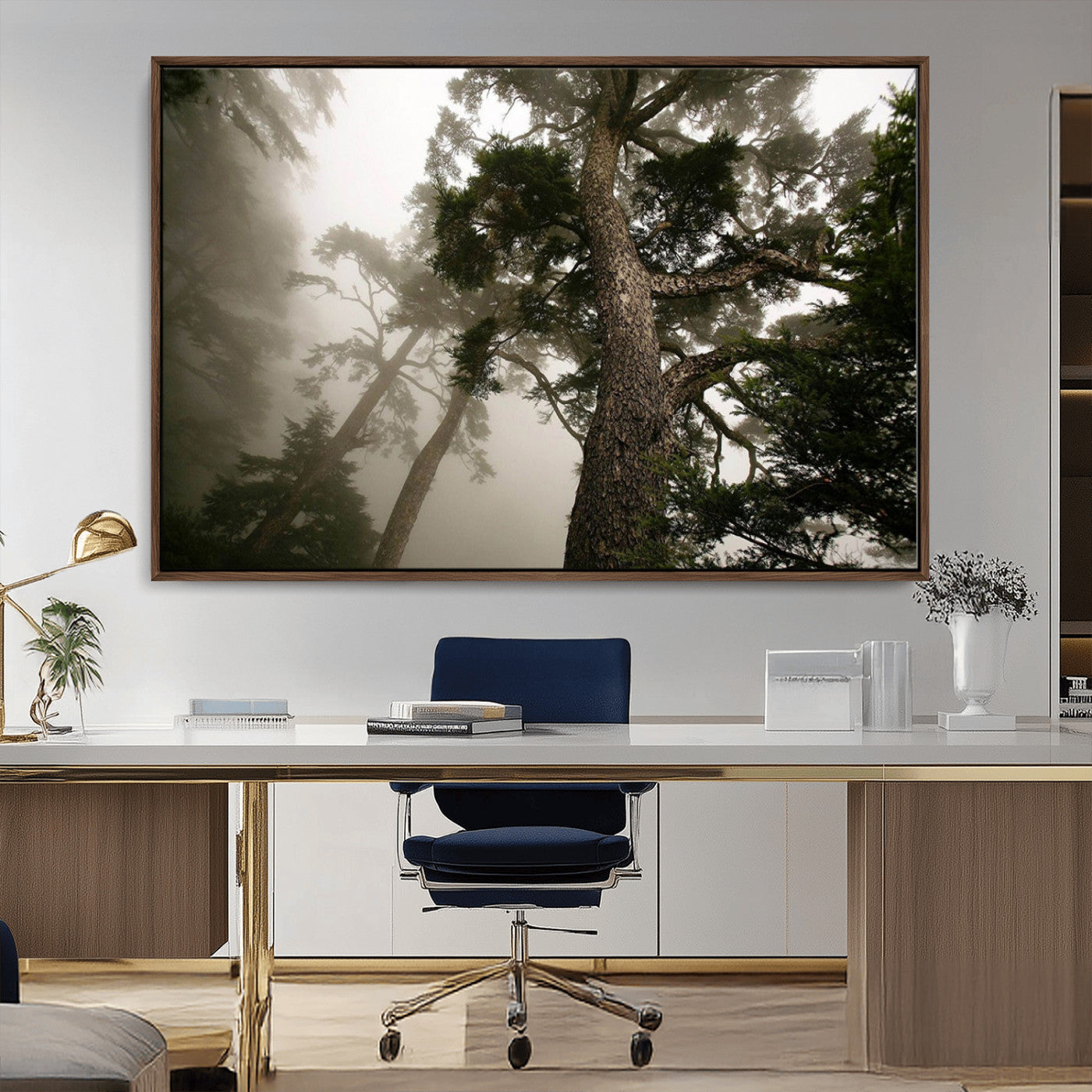 -Misty Forest Tall Trees Foggy Atmosphere Nature Serenity Calm Wooded Landscape Tranquil Scene