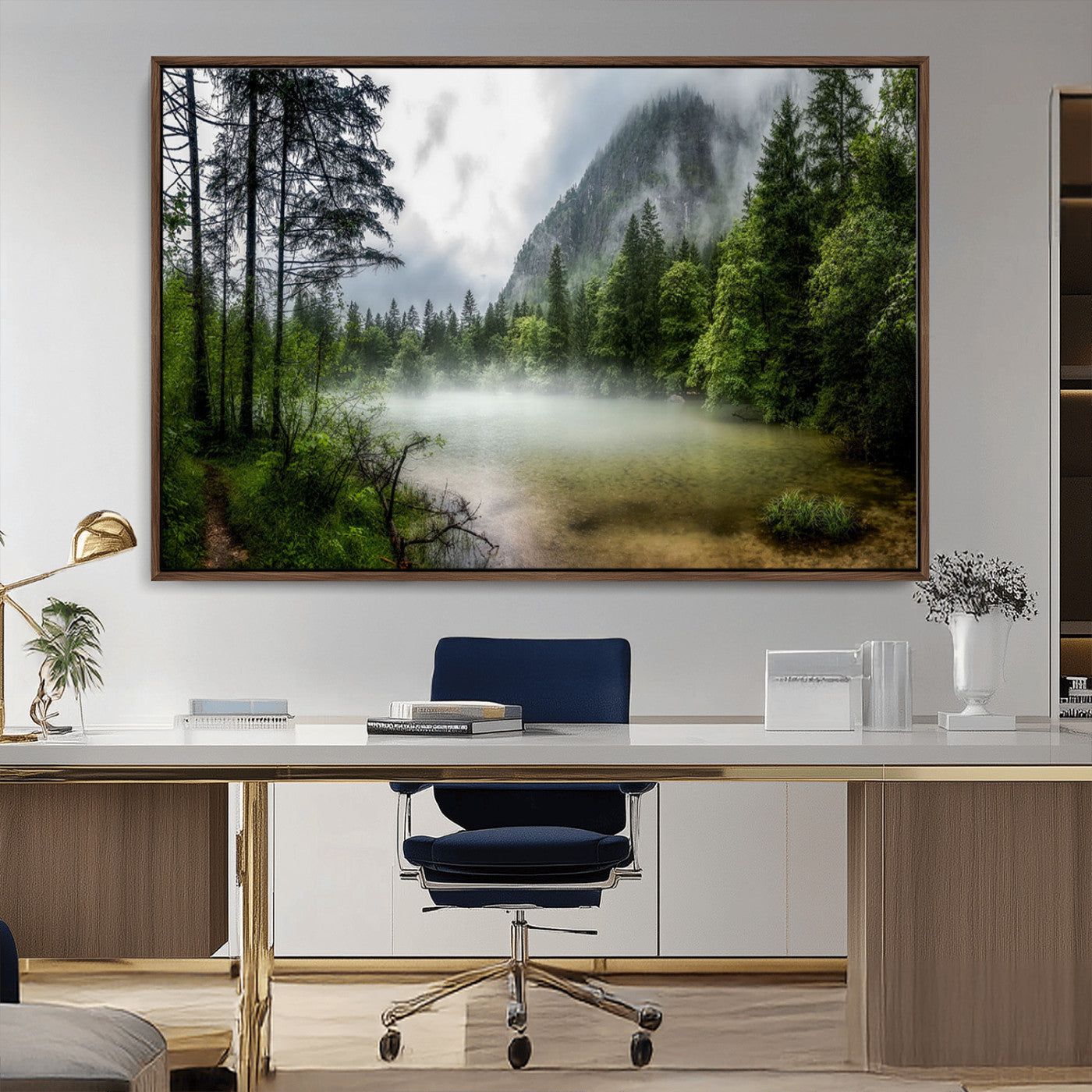 -Misty Lake Forest Green Trees Calm Water Reflection Mountain Fog Nature Landscape Outdoor Scenic