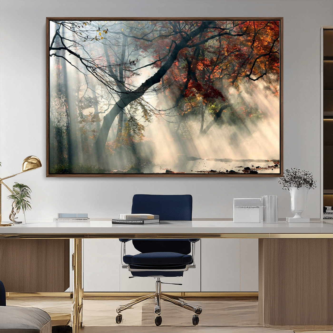 -Sunlit Autumn Forest Wall Art Canvas Print – Framed Mist Trees Scene with Peaceful Rays Artwork for Home, Office