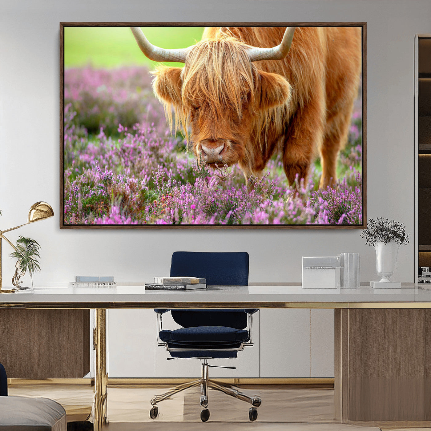 -Highland Cow Wall Art Canvas Print – Framed Purple Flowers Scene with Grazing Animal Artwork for Home, Office
