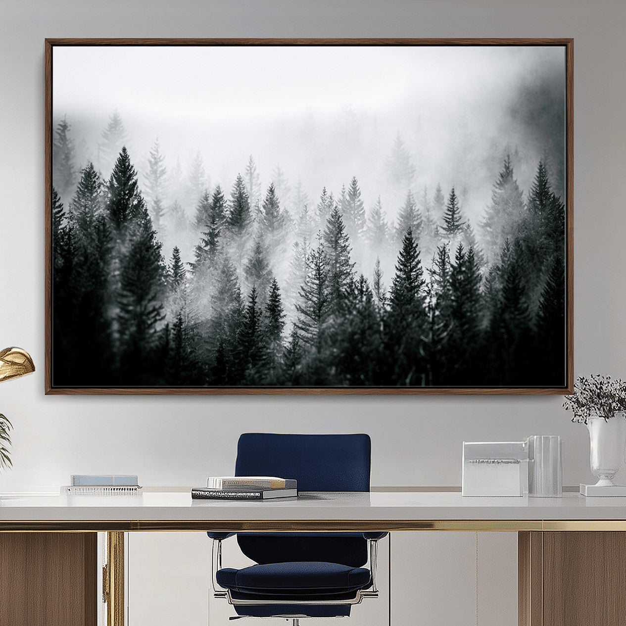 MGV-FC-36X24 - Foggy Pine Forest Canvas Wall Art, Horizontal Black and White Nature Landscape Print for Modern Home Decor