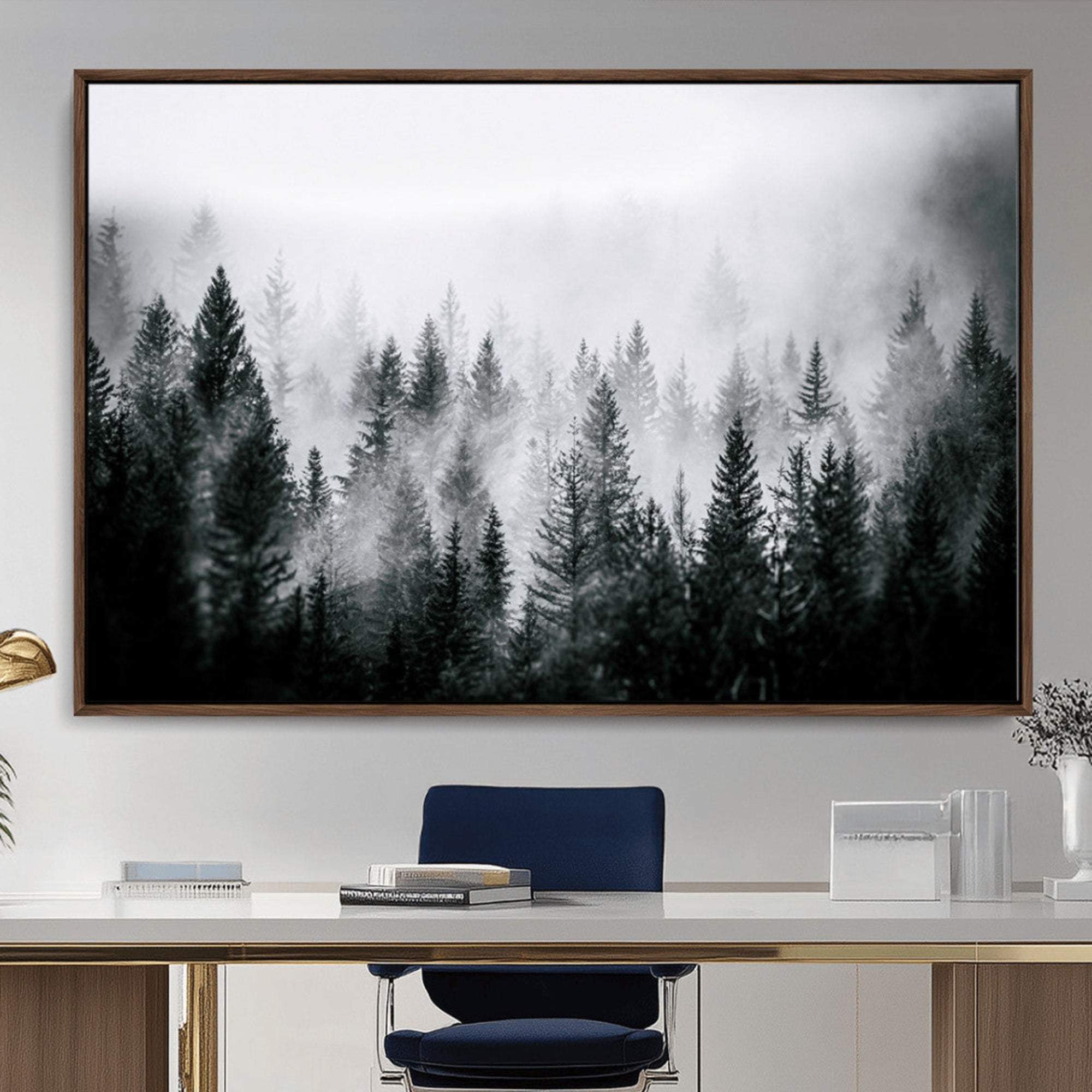 MGV-FC-36X24 - Foggy Pine Forest Canvas Wall Art – Black and White Nature Landscape Print, Horizontal Canvas for