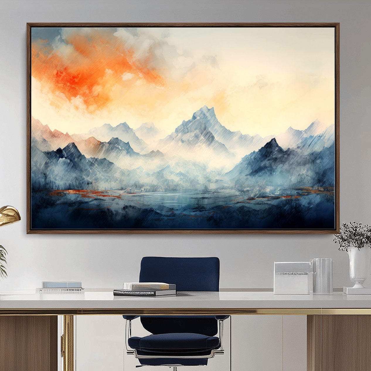 WRM1005-MGV-FC-36X24 - Warm Clouds Abstract Mountain Wall Art, Modern Landscape Canvas Print, Minimal Framed Artwork for Home, Office