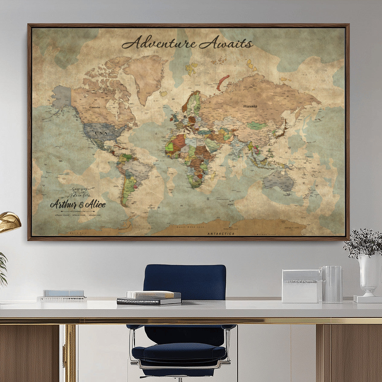 MGV-FC-36X24 - Personalized World Map Wall Art Canvas Print – Custom Push Pin Travel Map for Couples, Families, or Office Décor