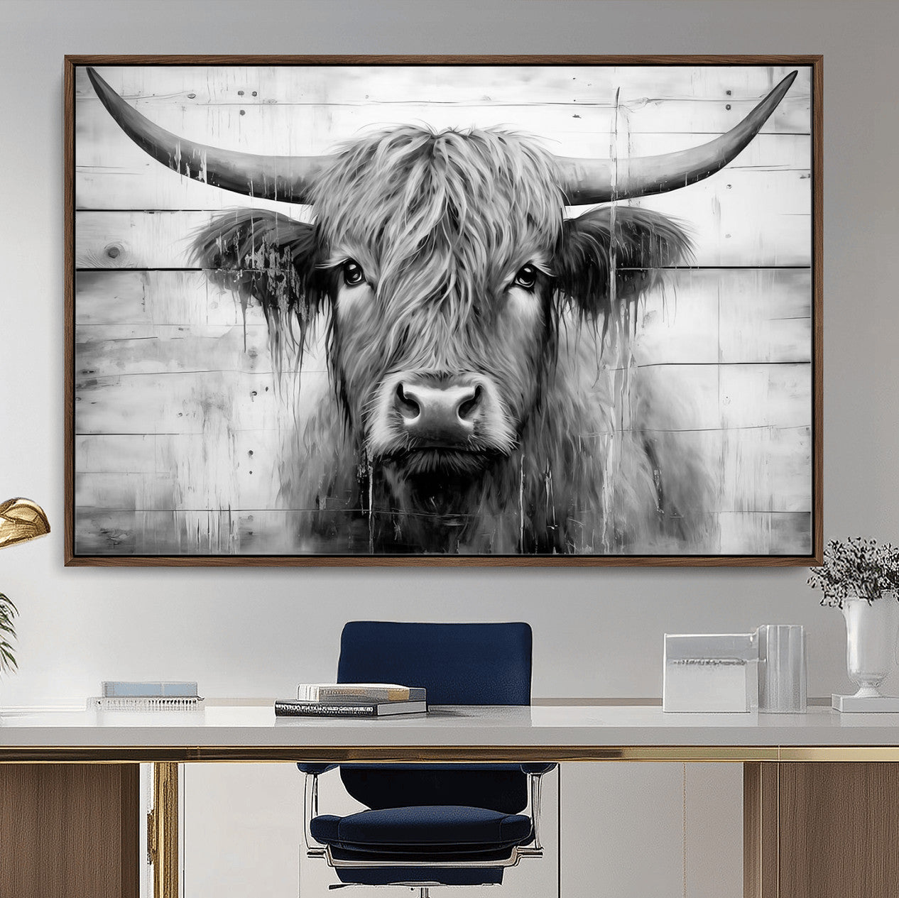 1001HASAN27-MGV-FC-36X24 - Black White Highland Cow Wall Art Canvas Print
