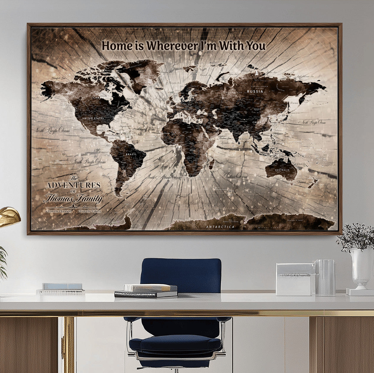 72371980-MGV-FC-36X24 - Personalized World Map Wall Art – Customizable Push Pin Framed Canvas Print Unique Travel Decor for Home, Office