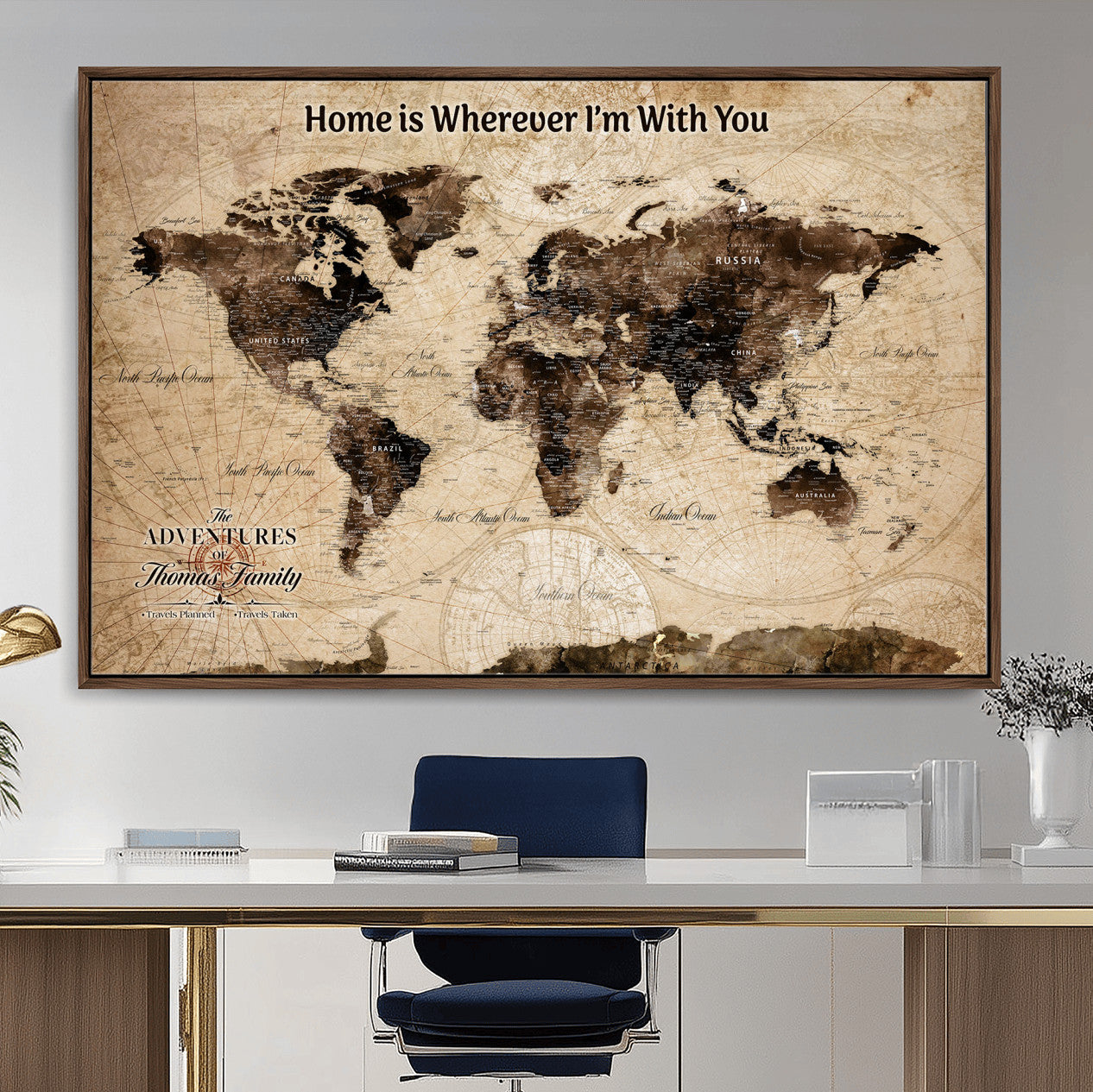 31398786-MGV-FC-36X24 - Personalized World Map Wall Art – Custom Framed Push Pin Travel Tracker Canvas Print Unique Gift for Home, Office