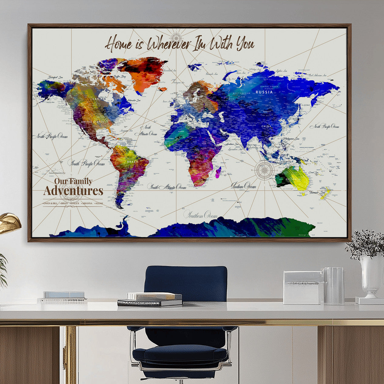 74686301-MGV-FC-36X24 - Customized Push Pin World Map Wall Art Canvas Print with Pins, Personalized Travel Tracker Map, Framed World Map for Living Room, Office and Home Decor