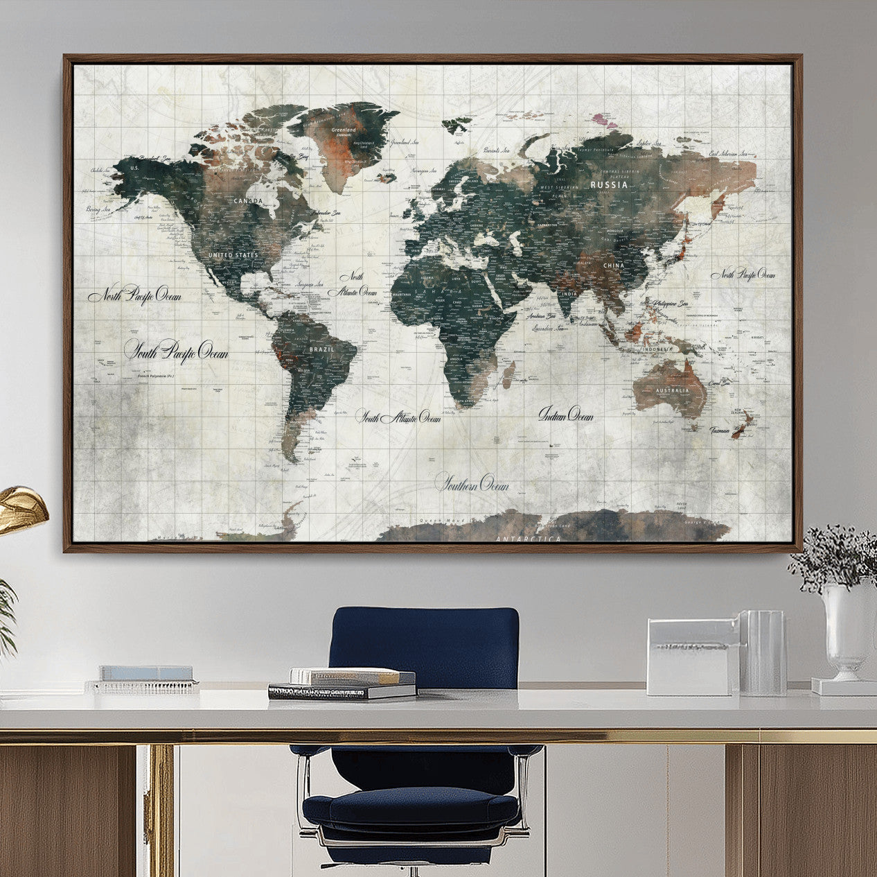 90149079-MGV-FC-36X24 - World Map Wall Art Canvas Print, Modern Decorative Framed Map Artwork Prints for Living Room, Office, Bedroom Wall Decor