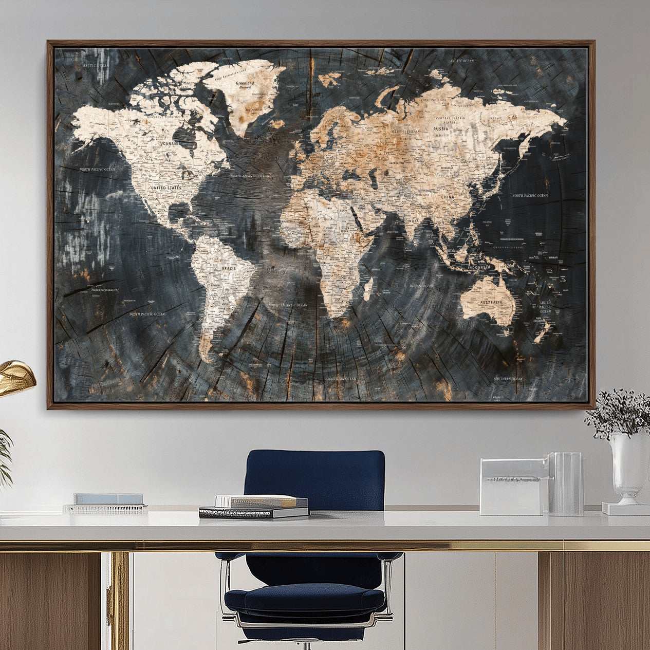 57626704-MGV-FC-36X24 - World Map Wall Art Canvas Print, Modern Decorative Framed Map Artwork Prints for Living Room, Office, Bedroom Wall Decor