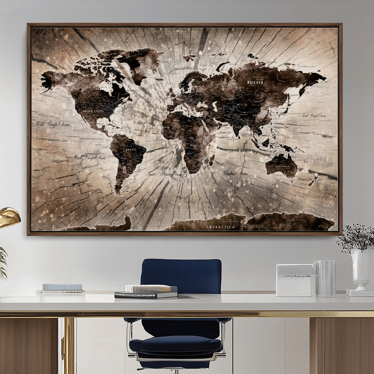 35326624-MGV-FC-36X24 - World Map Wall Art Canvas Print, Modern Decorative Framed Map Artwork Prints for Living Room, Office, Bedroom Wall Decor