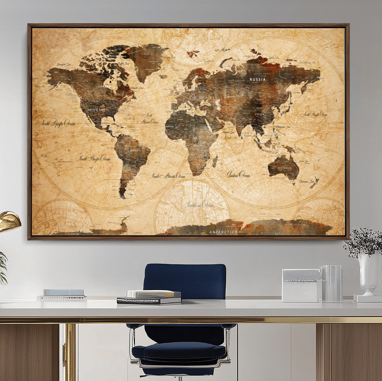 14542905-MGV-FC-36X24 - World Map Wall Art Canvas Print, Modern Decorative Framed Map Artwork Prints for Living Room, Office, Bedroom Wall Decor