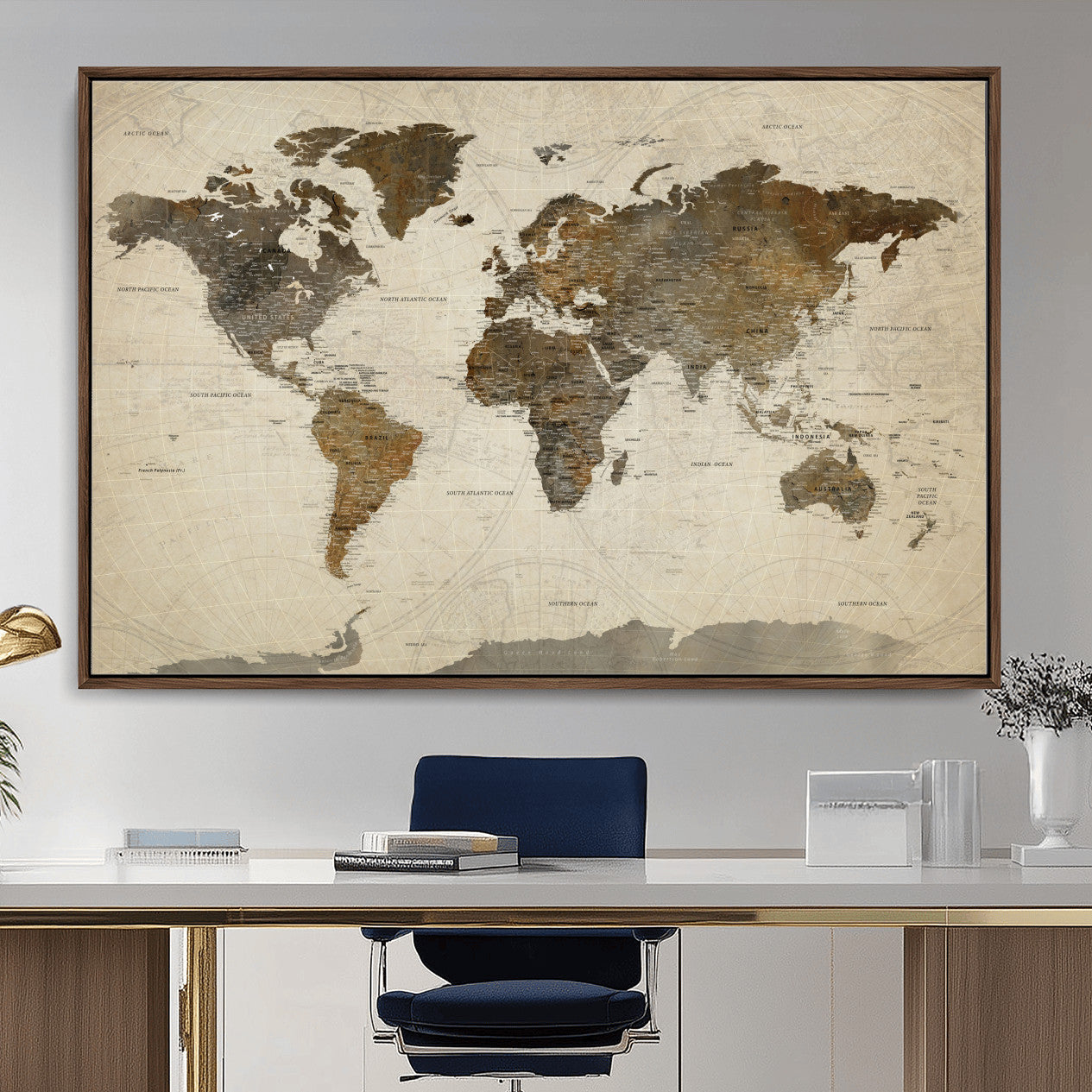 91849163-MGV-FC-36X24 - World Map Wall Art Canvas Print, Modern Decorative Framed Map Artwork Prints for Living Room, Office, Bedroom Wall Decor
