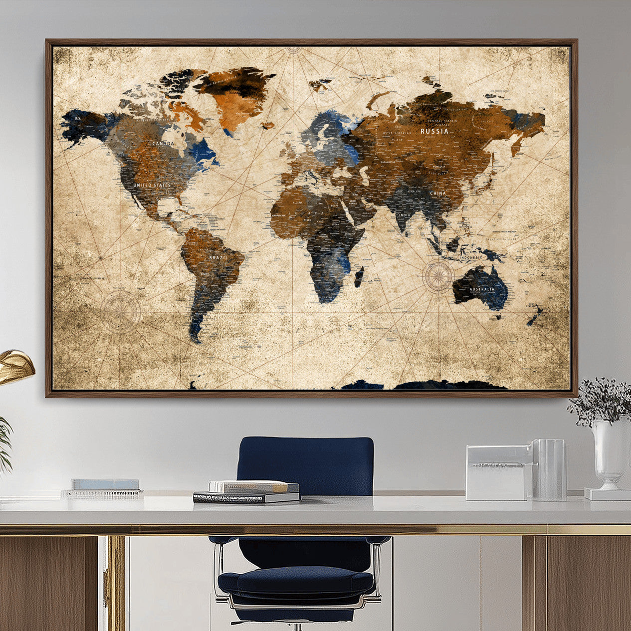 56297284-MGV-FC-36X24 - World Map Wall Art Canvas Print, Modern Decorative Framed Map Artwork Prints for Living Room, Office, Bedroom Wall Decor