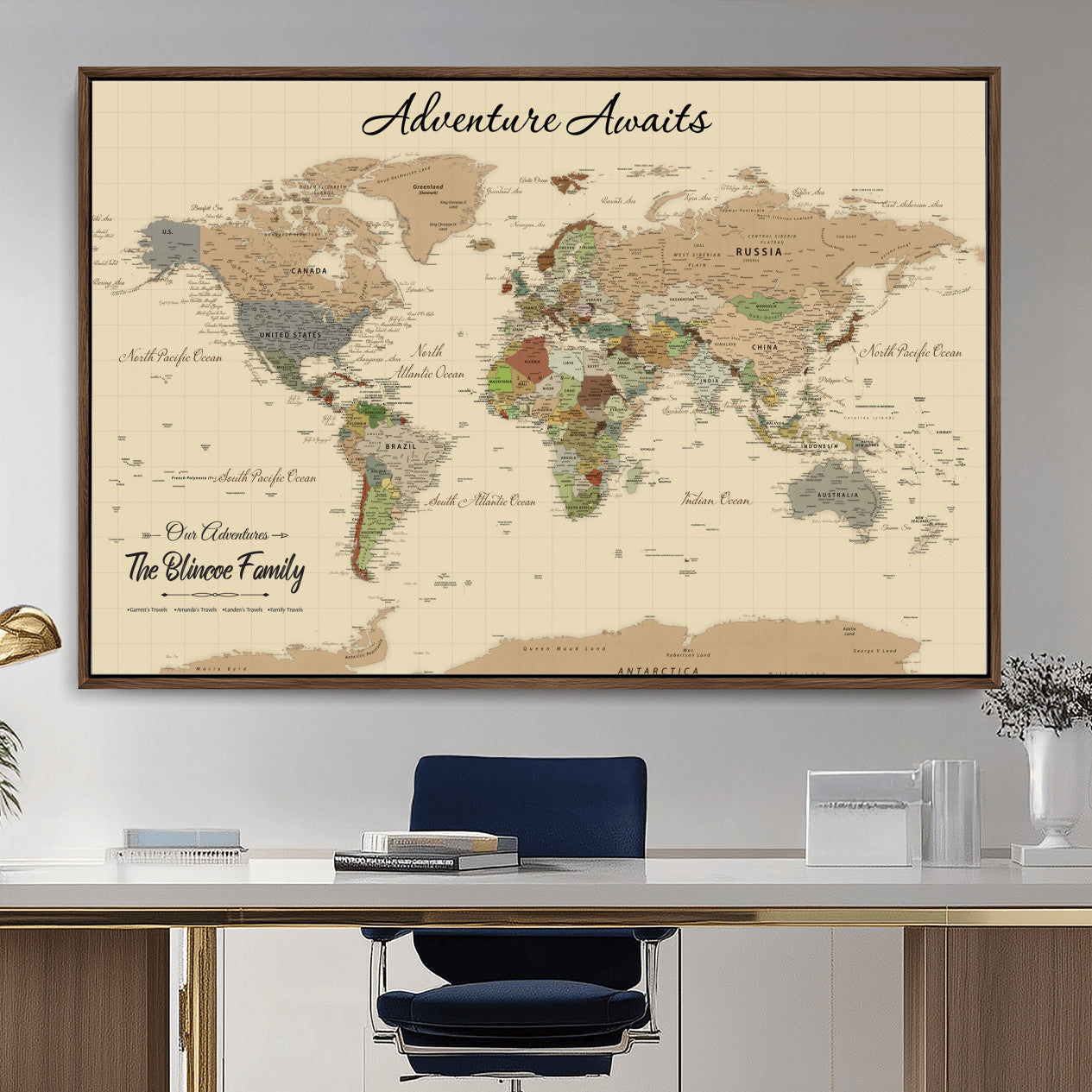 63407426-MGV-FC-36X24 - Customized Push Pin World Map Wall Art Canvas Print with Pins, Framed Personalize Travel Tracker Map, World Map for Living Room and Office Decor