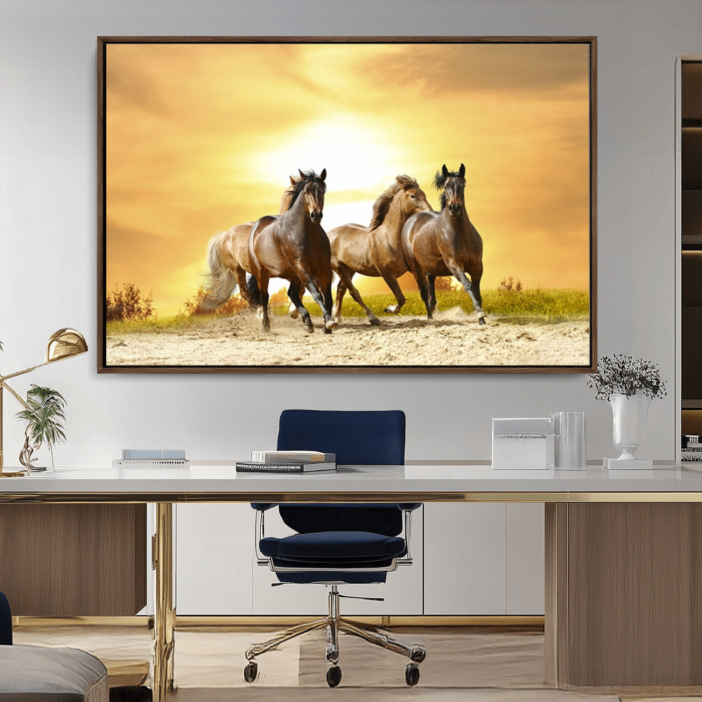 44763-MGV-FC-36X24_Walnut-Wild Horses Wall Art Canvas Print – Framed Galloping Herd Animal Artwork for Home, Office, Living Room, Guest Room