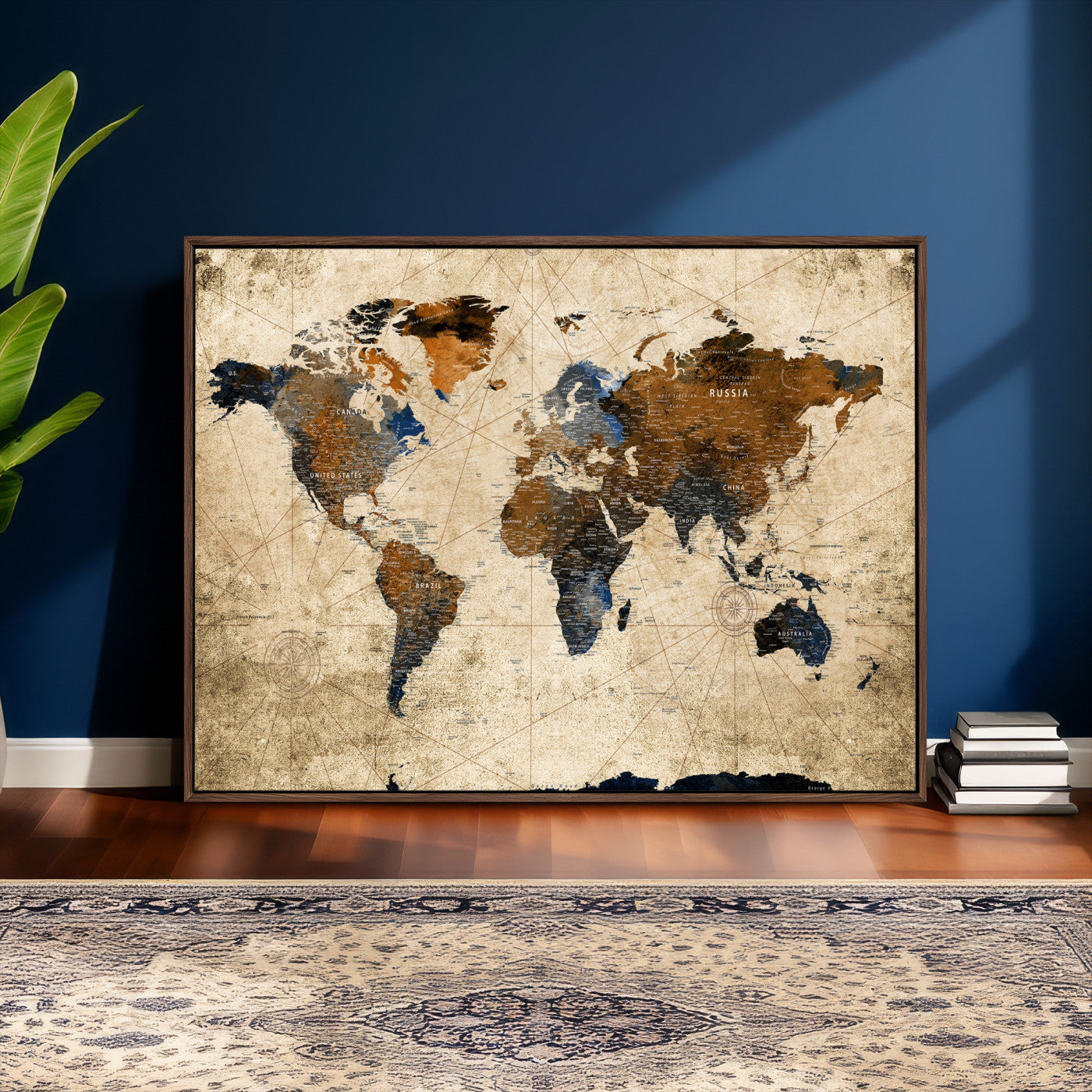 27163414-MGV-CV-36X24 - World Map Wall Art – Rustic Earth Tone Canvas Print, Antique Travel Map Design for Living Room, Office or Study, Classic Adventure Decor