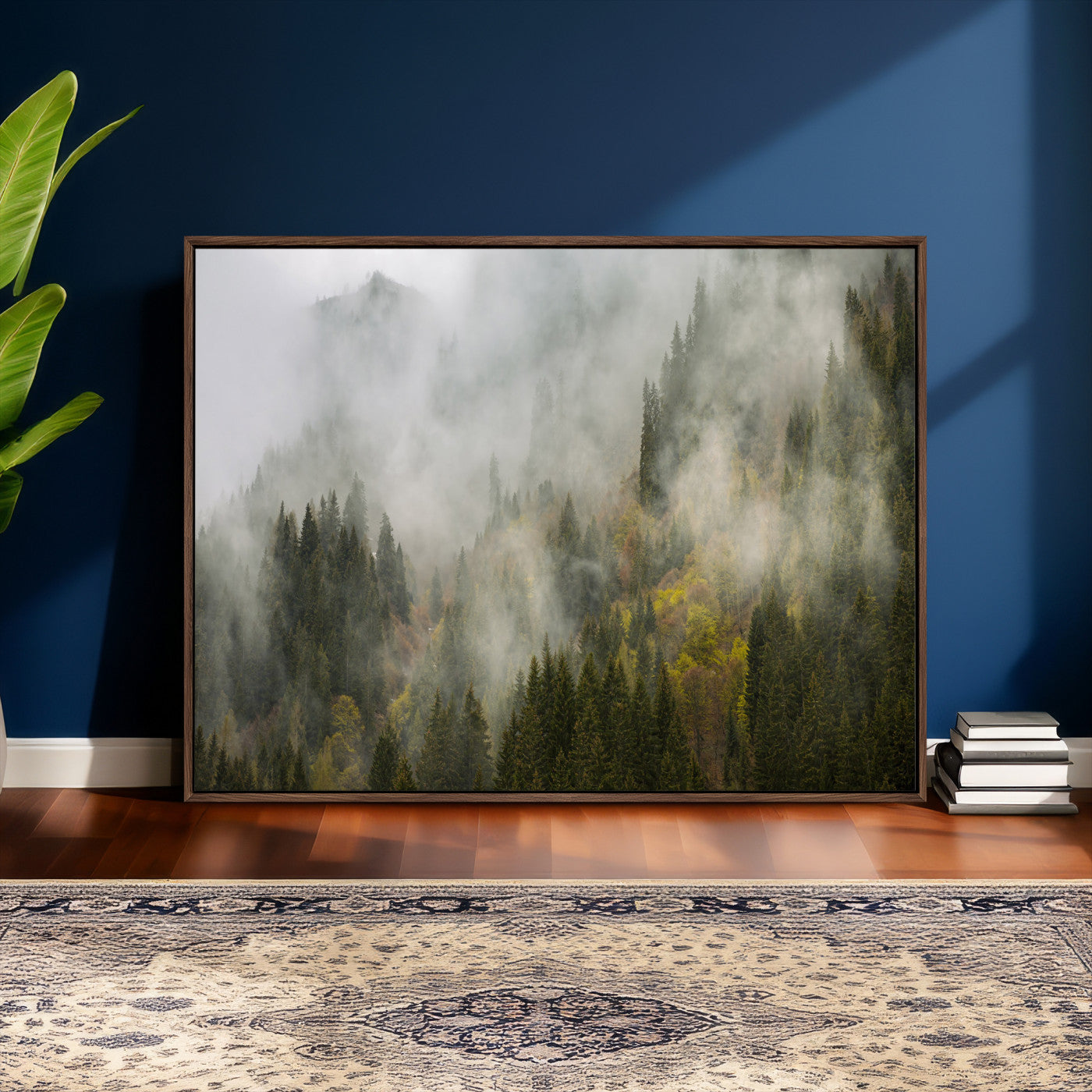31152954-MGV-CV-36X24 - Misty Mountain Forest Canvas Print, Foggy Pine Trees Nature Wall Art, Framed Canvas Ready to Hang