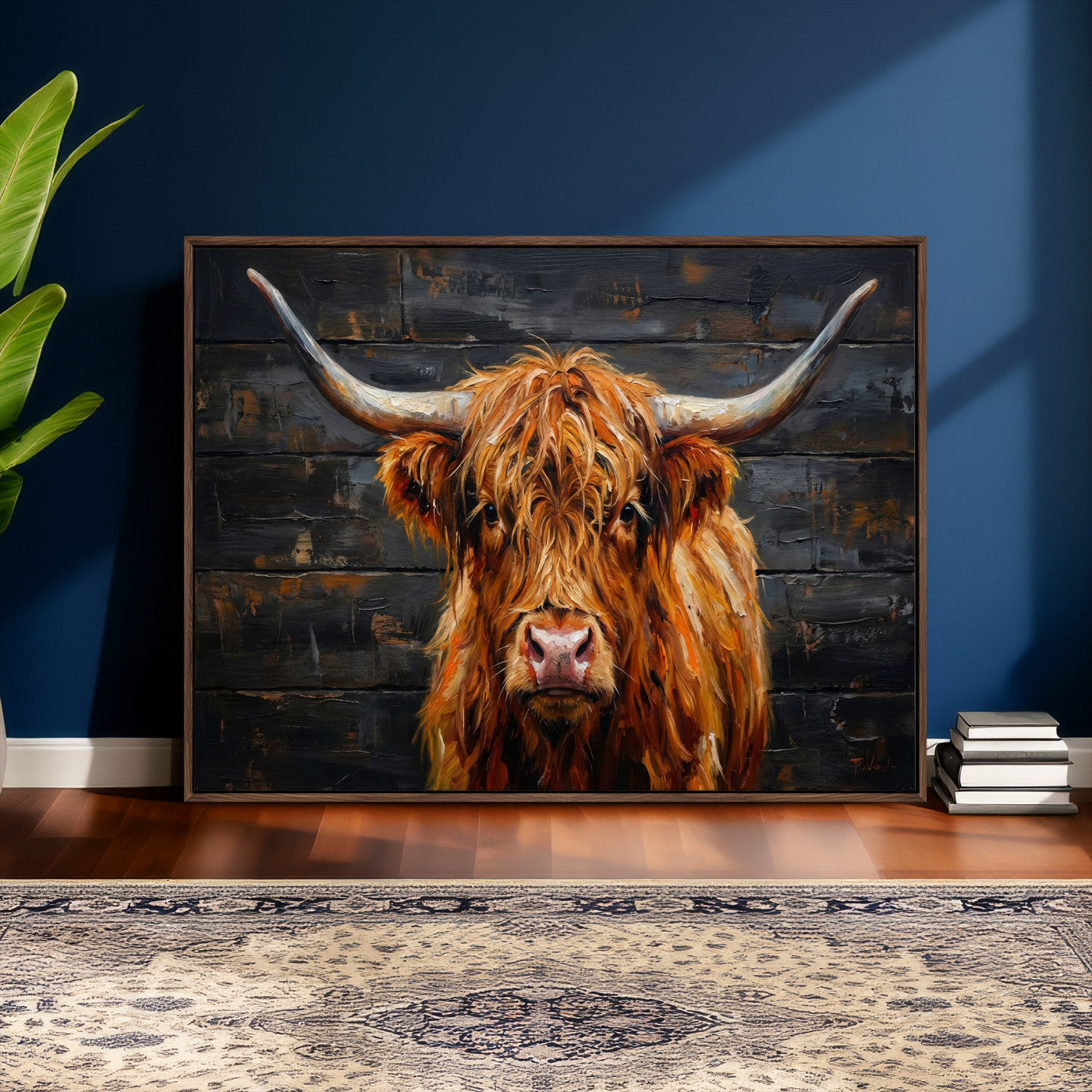 32536611-MGV-CV-36X24 - Highland Cow Wall Art Canvas Print, Rustic Farm Animal Painting, Framed Wall Art Ready to Hang