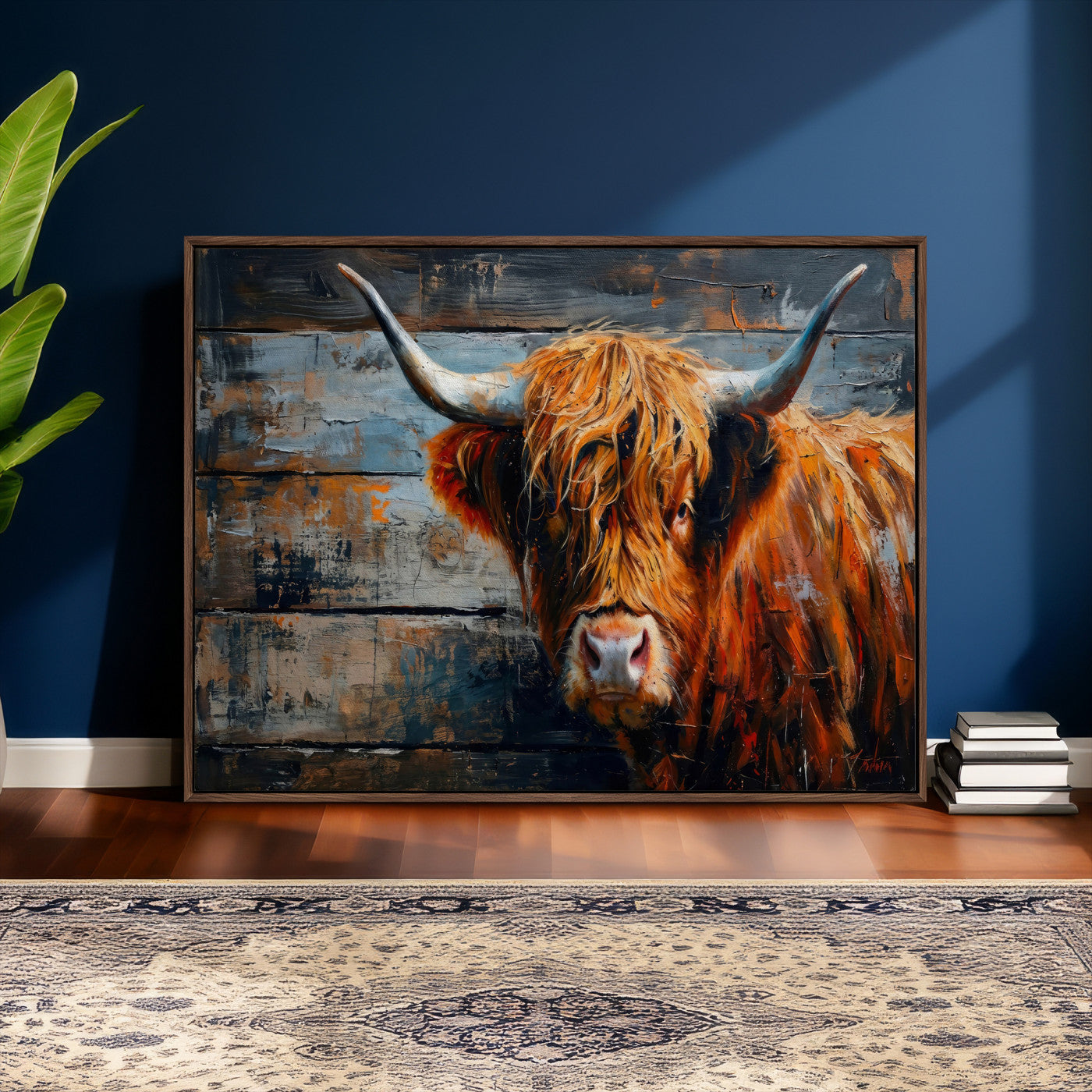 90271423-MGV-CV-36X24 - Highland Cow Wall Art Canvas Print, Abstract Rustic Farm Animal Wall Art Print, Framed Wall Art Ready to Hang