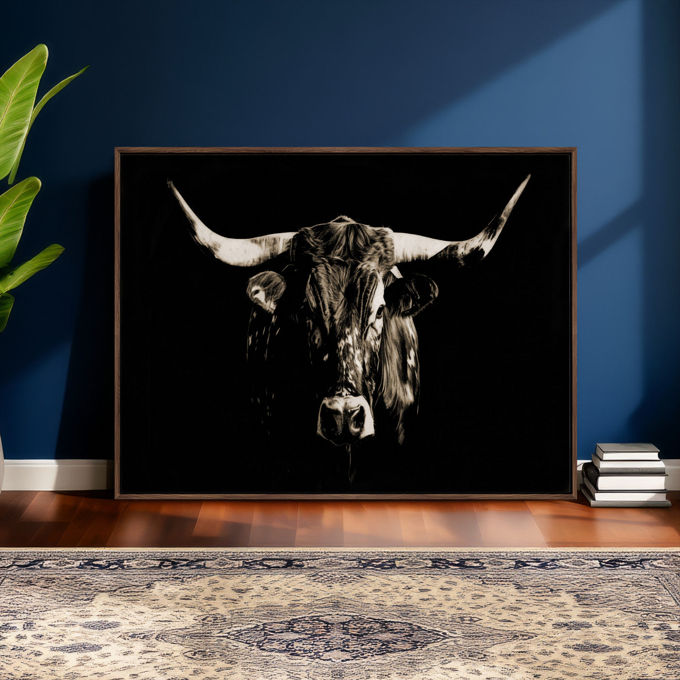 75774468-MGV-CV-36X24 - Black Bull Wall Art Canvas Print, Dark Longhorn Portrait Photography, Framed Wall Art Ready to Hang