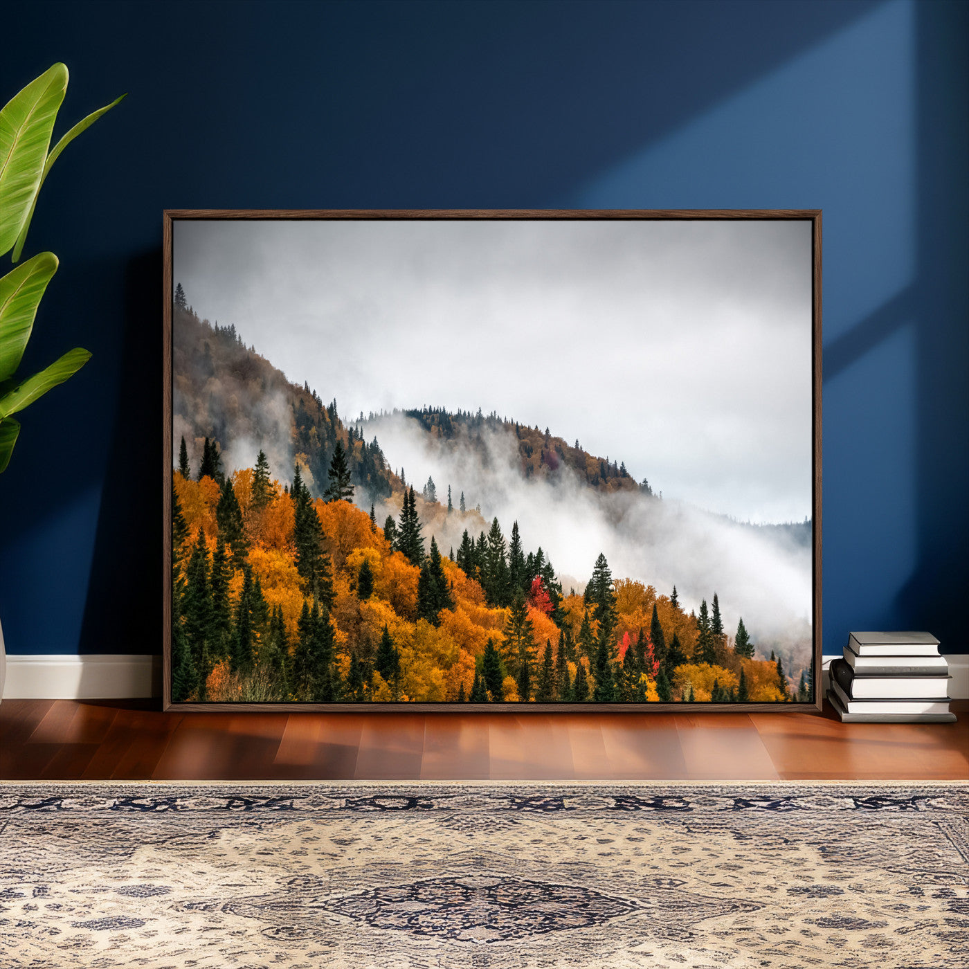 93581632-MGV-CV-36X24 - Autumn Forest Wall Art Canvas Print, Foggy Mountain Landscape Nature Photography, Framed Wall Art Ready to Hang