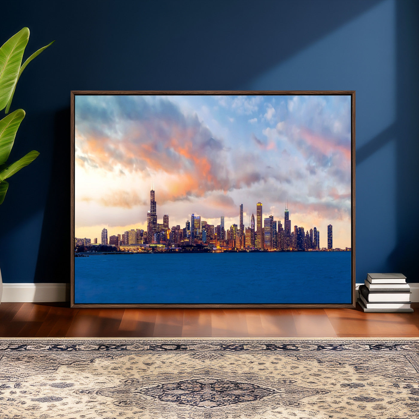 34667960-MGV-CV-36X24 - Chicago Wall Art Canvas Print, Chicago City Downtown Night Cityscape Print for Modern Urban Wall Decor