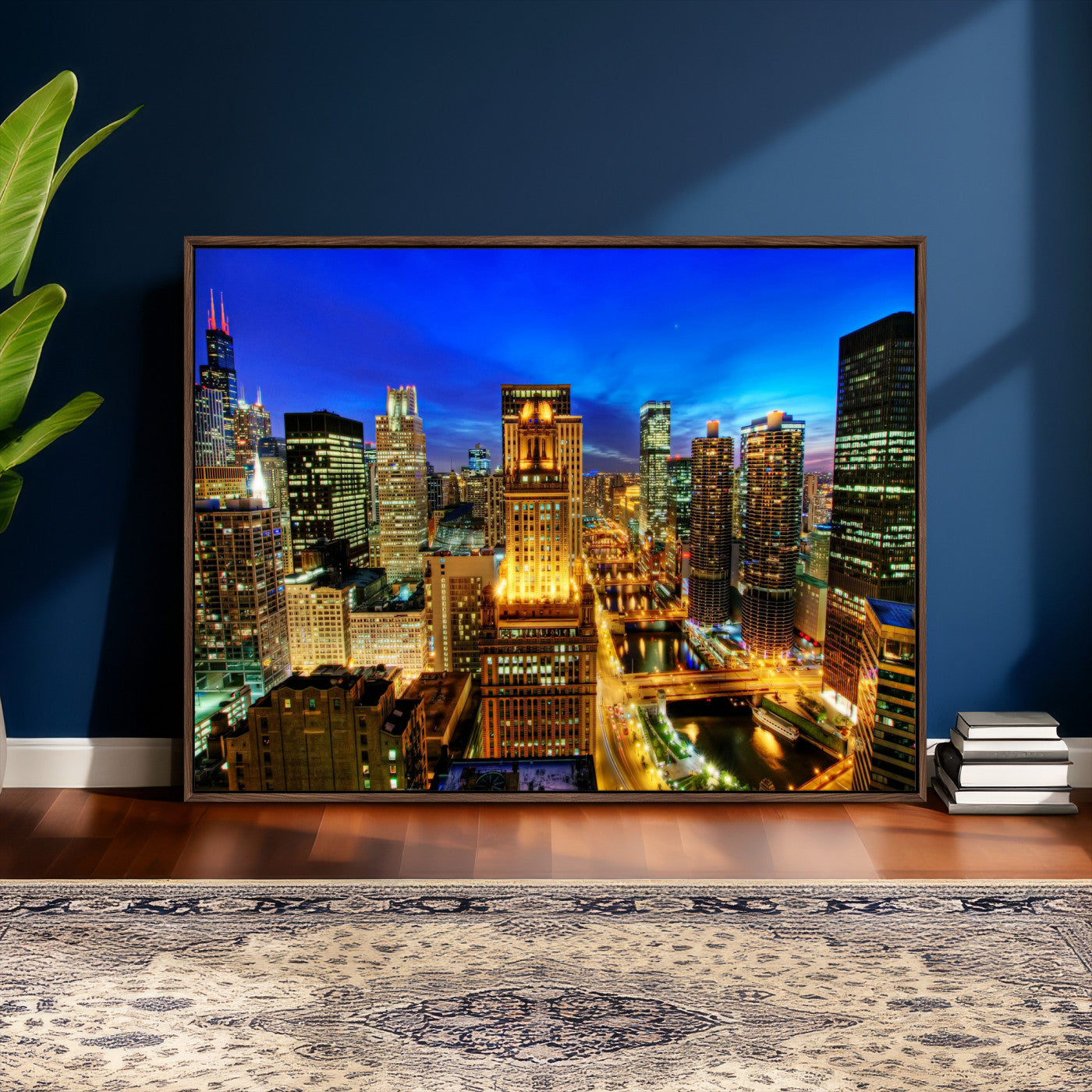 46298885-MGV-CV-36X24 - Chicago Wall Art Canvas Print, Chicago City Downtown Night Cityscape Print for Modern Urban Wall Decor