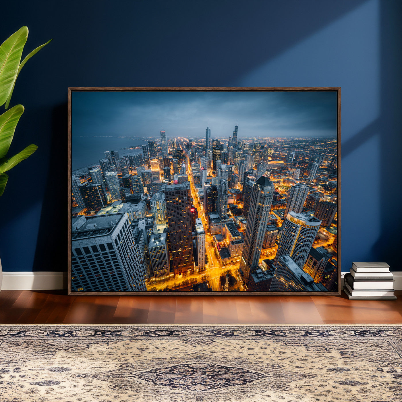 81742538-MGV-CV-36X24 - Chicago Wall Art Canvas Print, Chicago City Downtown Night Cityscape Print for Modern Urban Wall Decor