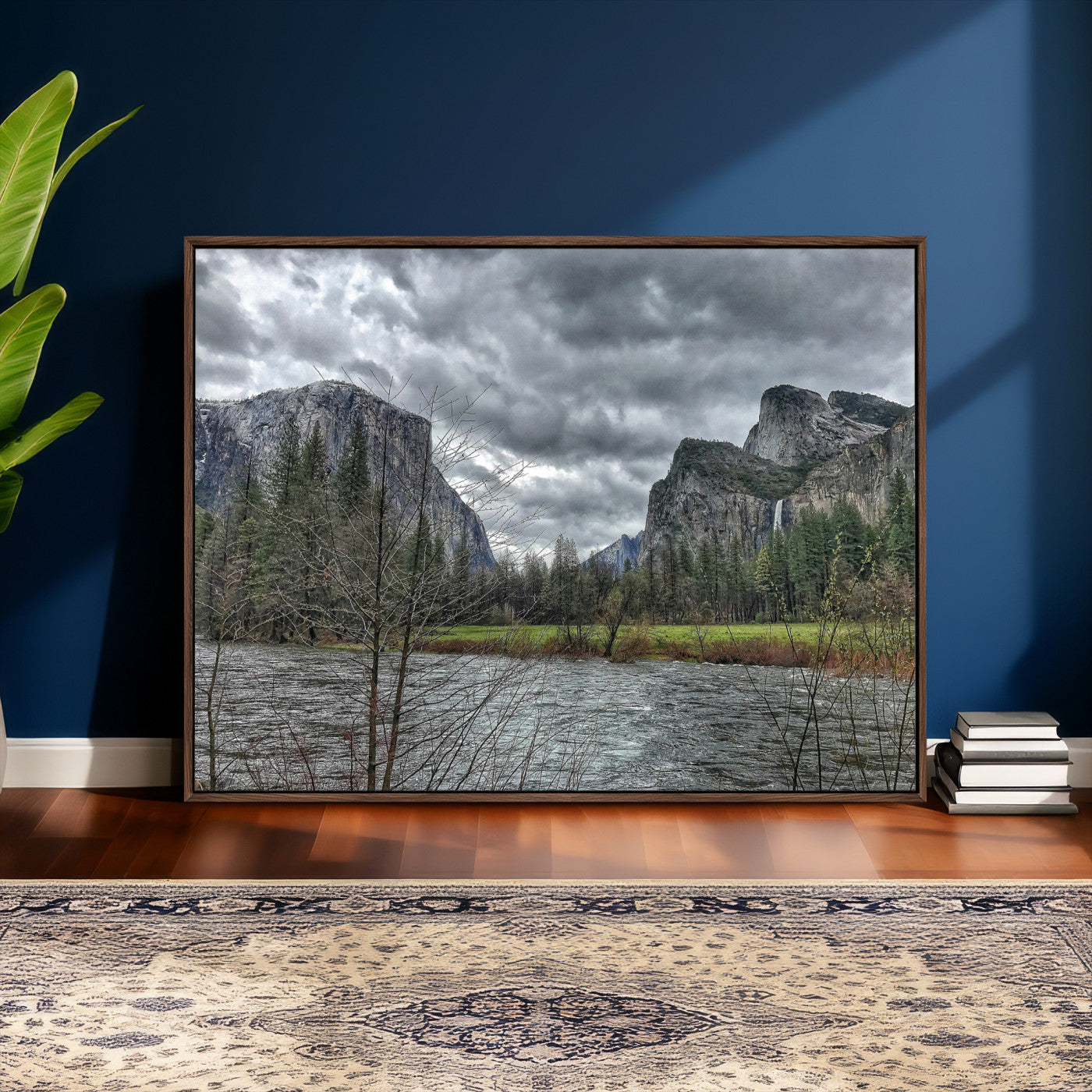75582552-MGV-CV-36X24 - Yosemite Valley River Landscape Wall Art Canvas Print, Granite Cliffs Forest River Canvas Print, California National Park Moody Scenic Art Printi