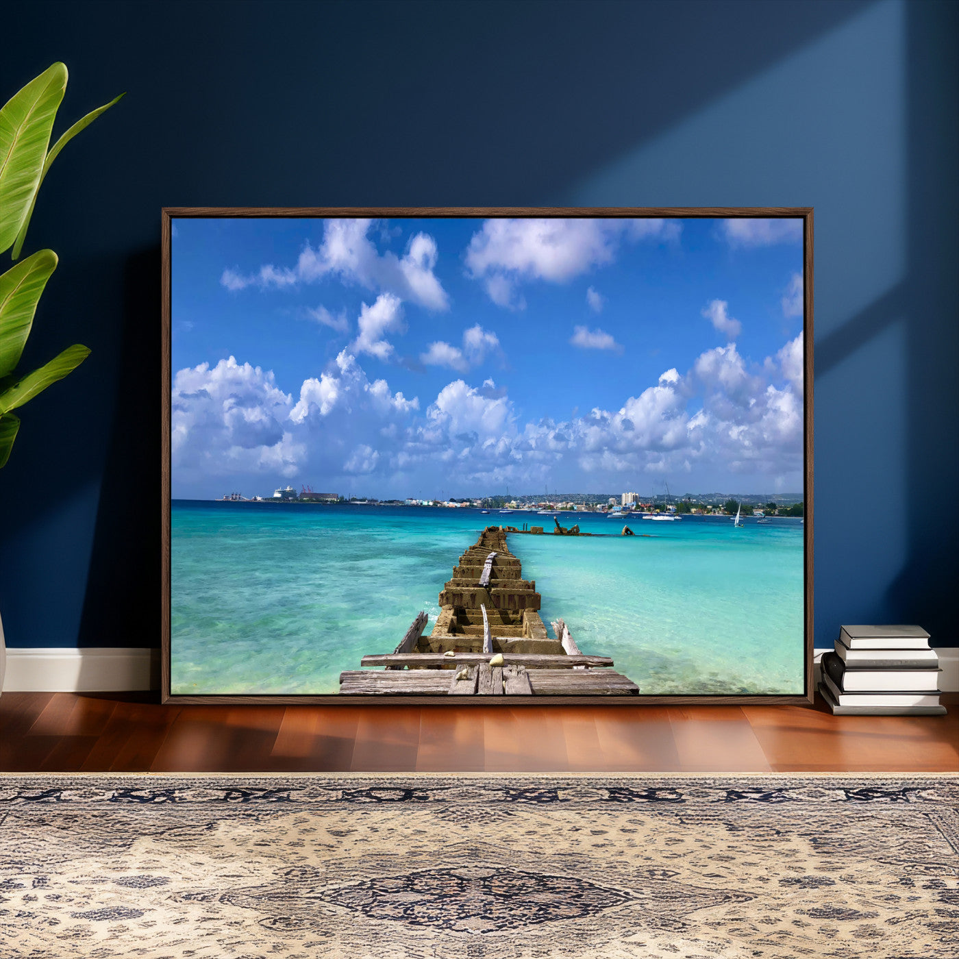 43165024-MGV-CV-36X24 - Caribbean Ocean Pier Seascape Wall Art Canvas Print, Turquoise Sea Tropical Harbor Canvas Print, Island Coastal Blue Water Scenic Art Printing