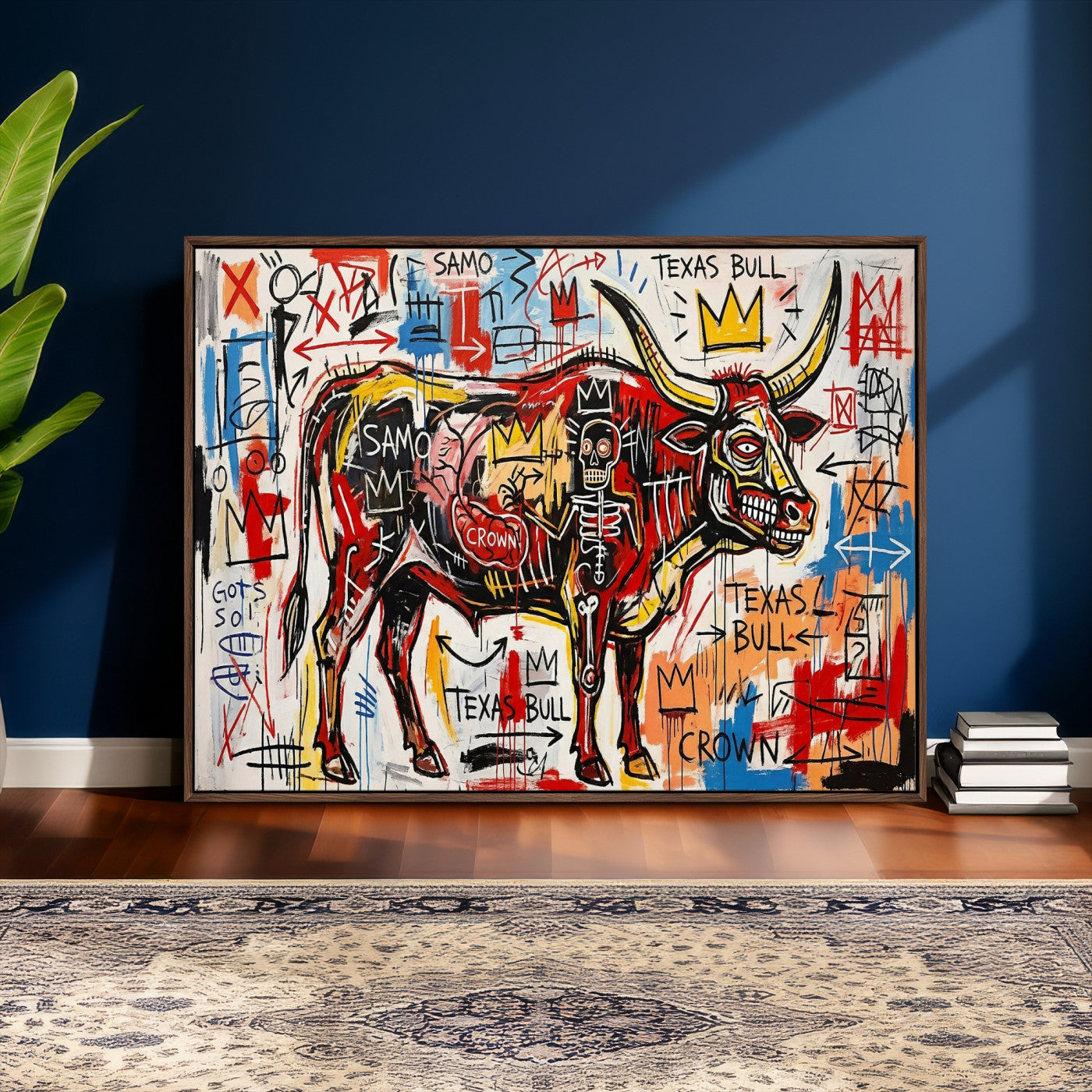 89504579-MGV-CV-36X24 - TITLE: Texas Bull Wall Art Canvas Print, Abstract Graffiti Bull Painting, Western Animal Art, Modern Ranch Decor