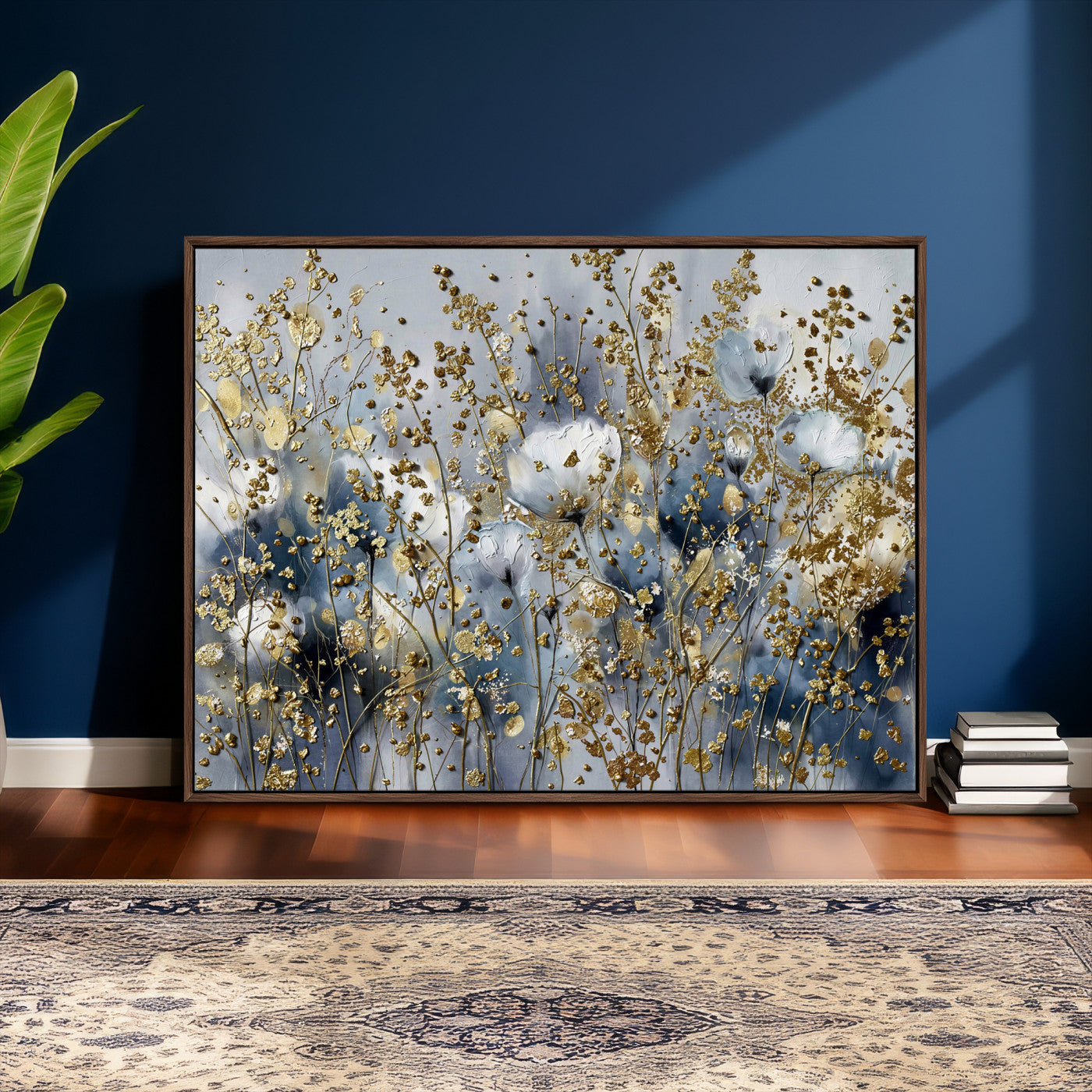 24499670-MGV-CV-36X24 - Abstract Floral Wall Art Canvas Print – Gold and Blue Botanical Artwork for Living Room, Bedroom, and Office Decor