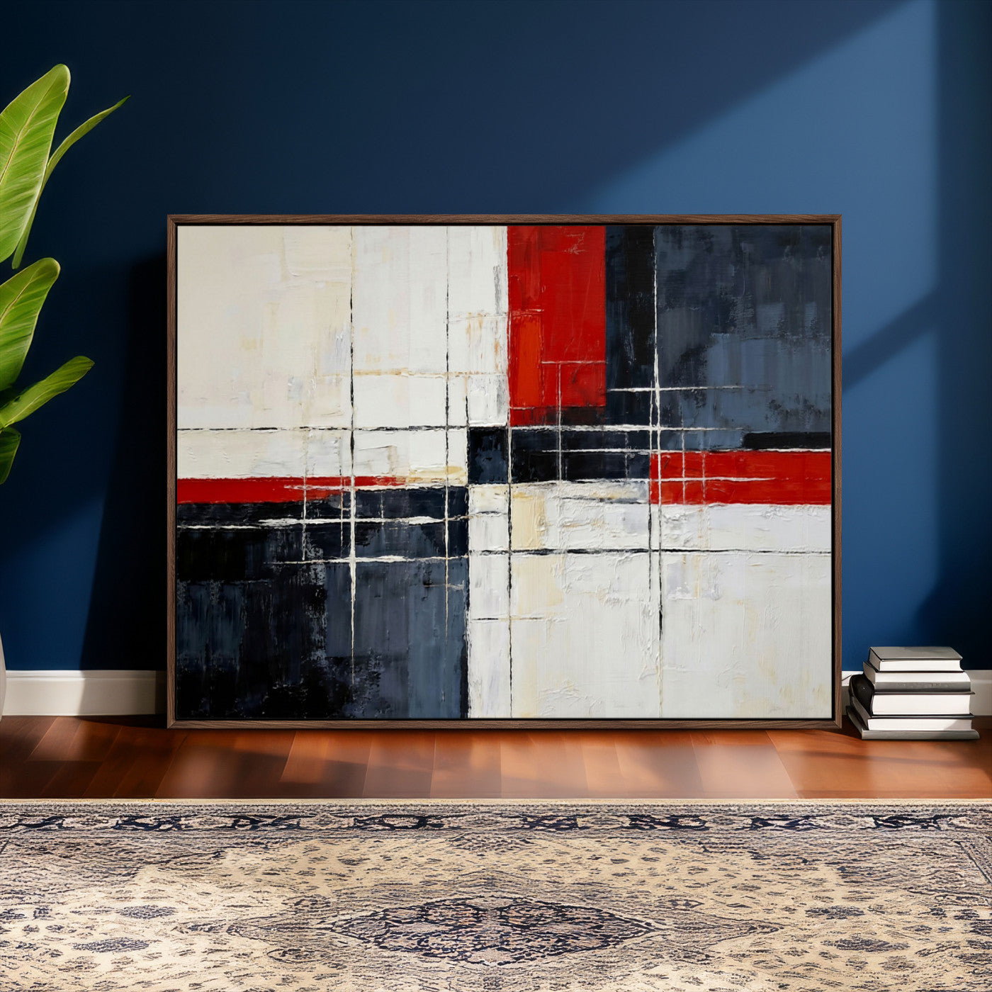 44088165-MGV-CV-36X24 - Navy Red Abstract Wall Art Canvas Print, Modern Luxury Geometric Painting Wall Decor for Living Room and Office