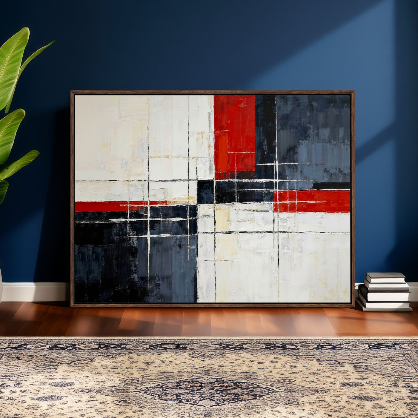 11921181-MGV-CV-36X24 - Navy Red Abstract Wall Art Canvas Print, Modern Luxury Geometric Painting Wall Decor for Living Room and Office