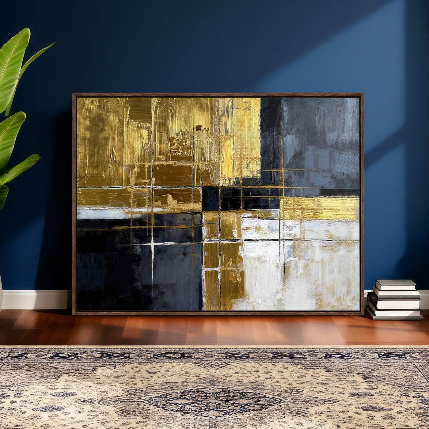 76917030-MGV-CV-36X24 - Gold Navy Abstract Wall Art Canvas Print, Modern Luxury Geometric Painting Wall Decor for Living Room and Office