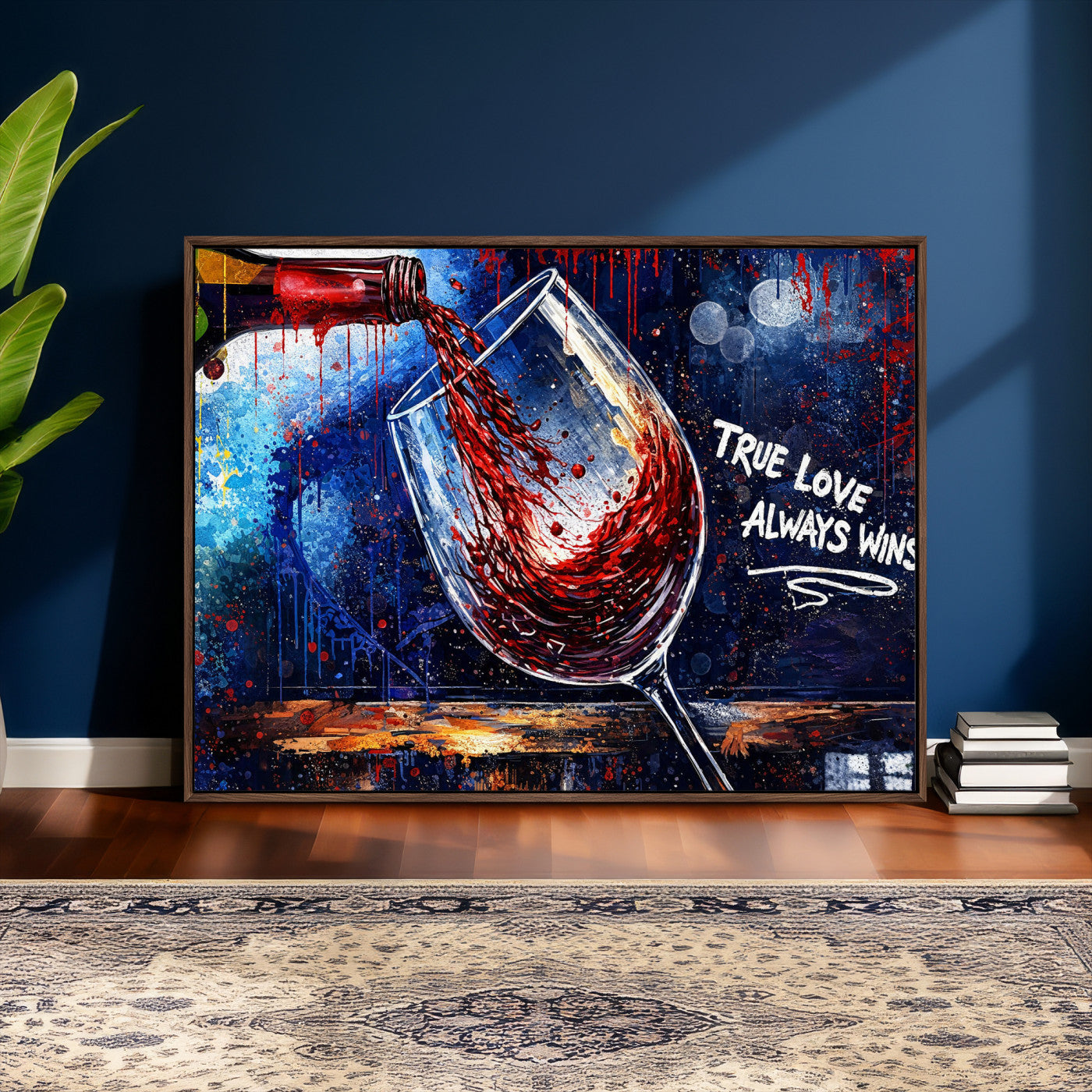 88788932-MGV-CV-36X24 - Red Wine Splash Abstract Wall Art Canvas Print, Modern Wine Glass Painting Canvas Print, Romantic Quote Contemporary Bar Art Print