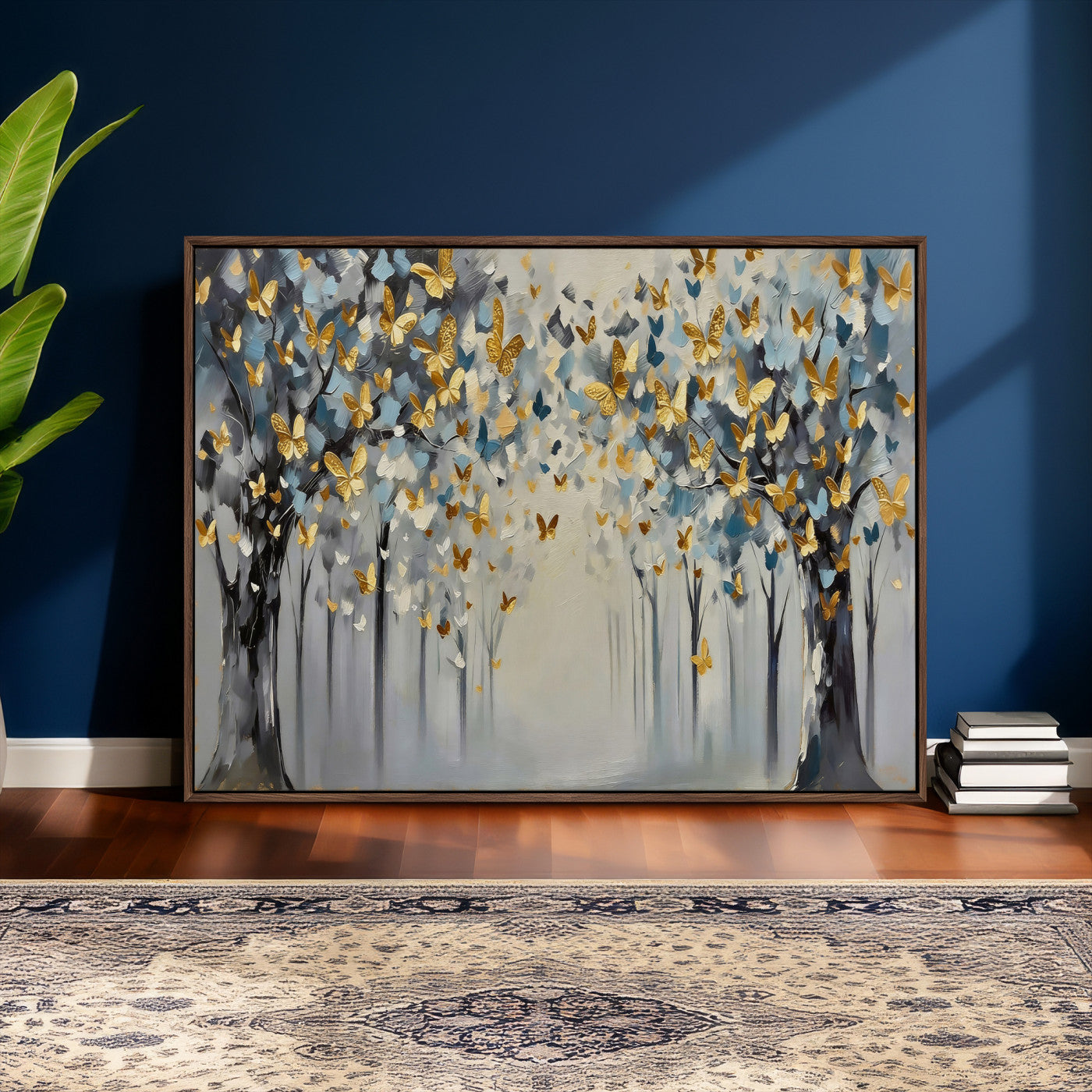 79208191-MGV-CV-36X24 - Golden Butterfly Tree Abstract Wall Art Canvas Print, Modern Elegant Nature Painting Canvas Print, Blue Gold Contemporary Floral Art Printing
