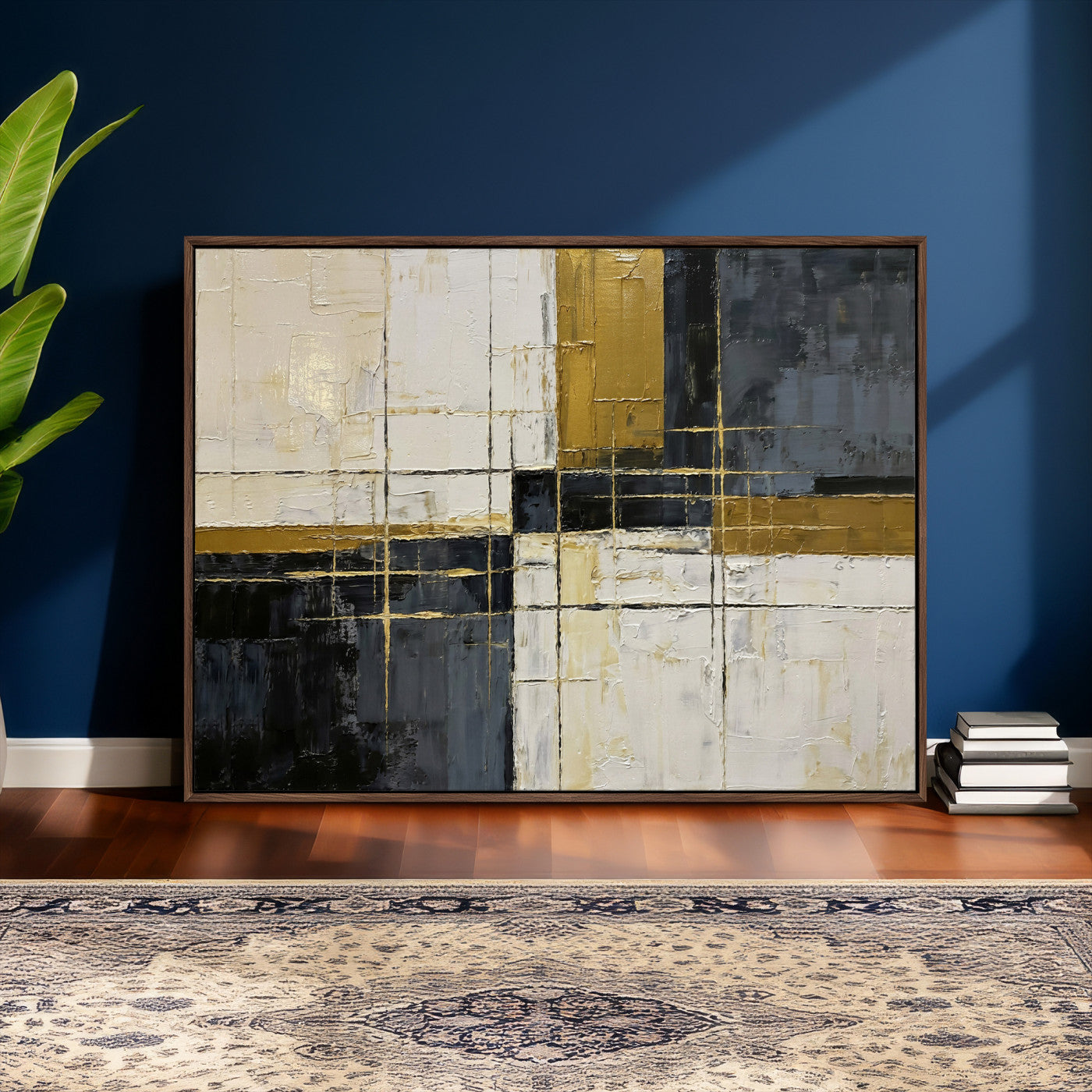 36097945-MGV-CV-36X24 - Abstract Gold and Black Wall Art Canvas Print – Modern Geometric Neutral Artwork for Living Room Decor
