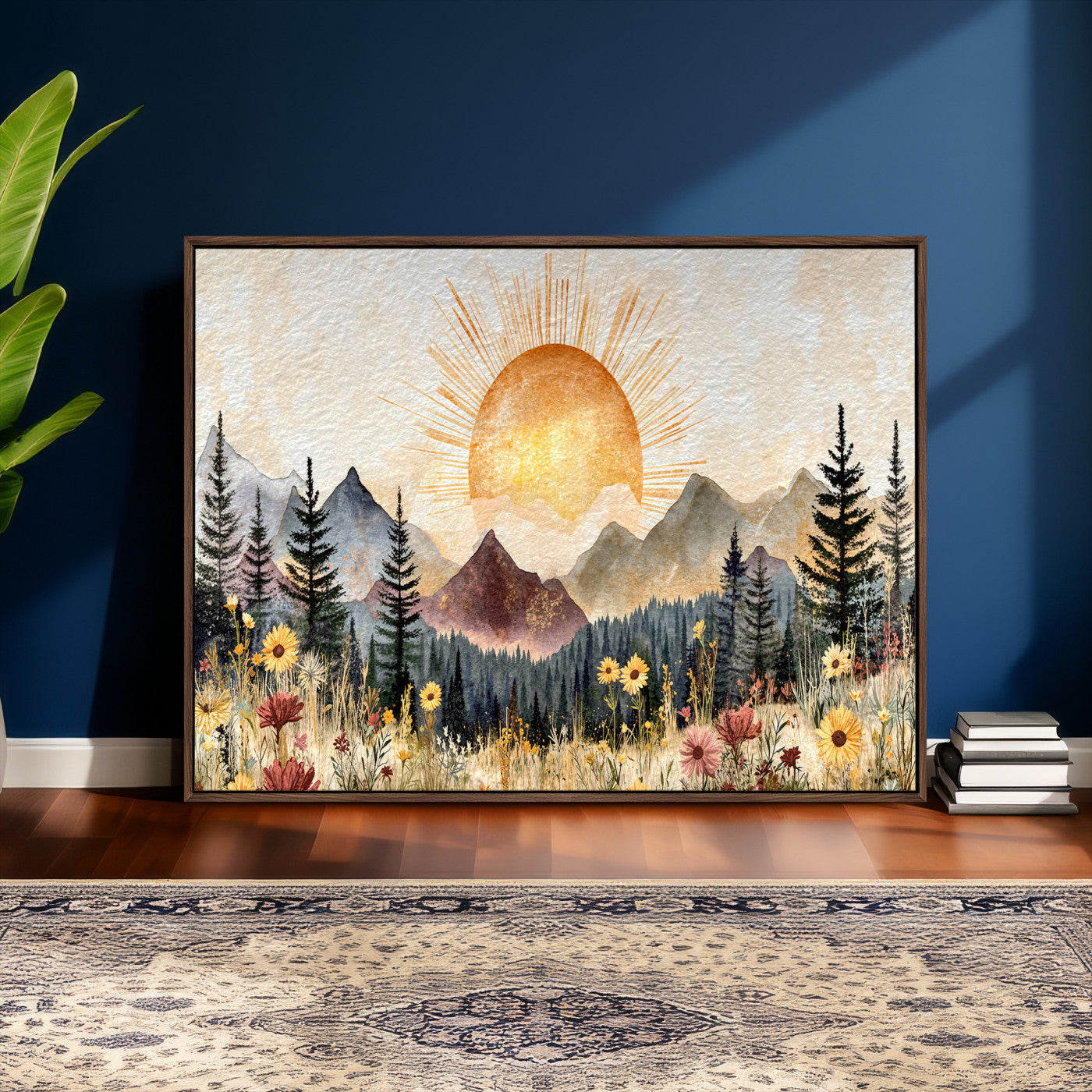 69025244-MGV-CV-36X24 - Boho Mountain Landscape Large Wall Art, Horizontal Gold Framed Canvas Print with Sun and Flowers