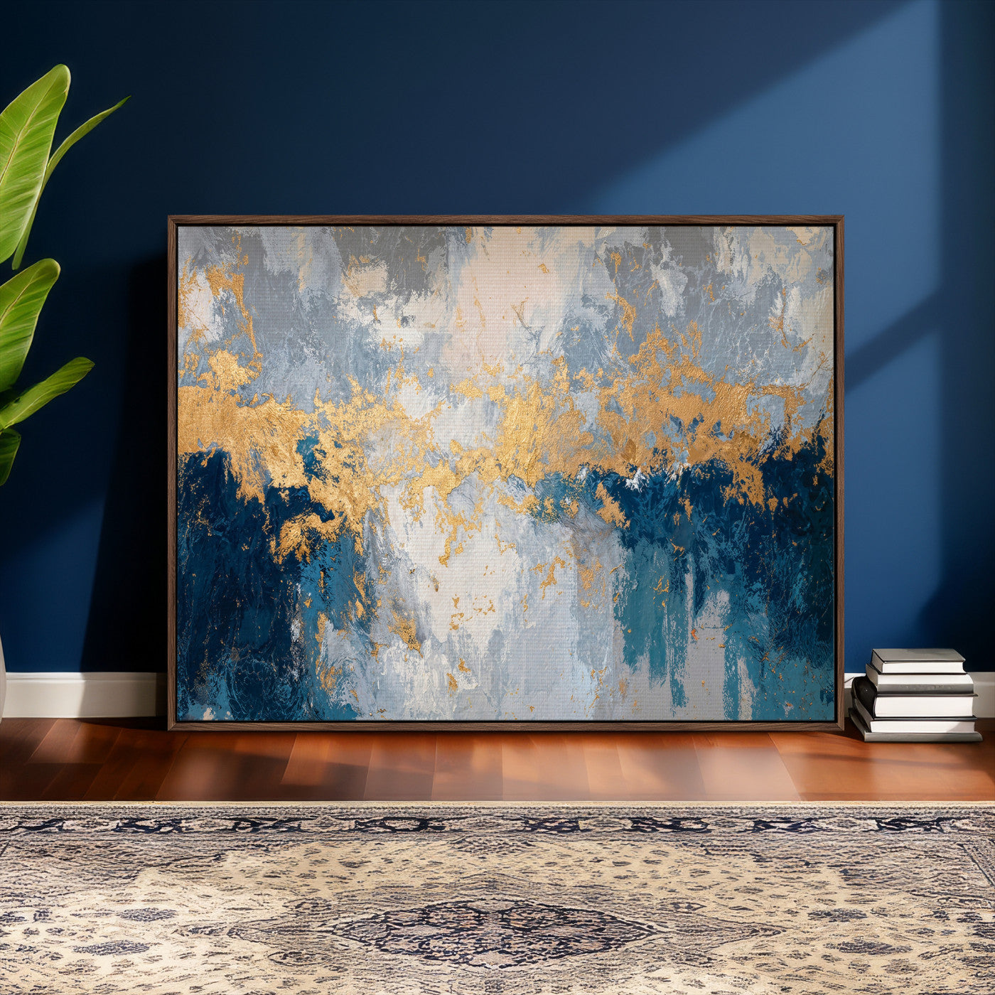 65386119-MGV-CV-36X24 - Blue Gold Abstract Large Framed Canvas Wall Art, Modern Luxury Painting Print in Horizontal Oversized Minimal Wall Decor Artwork