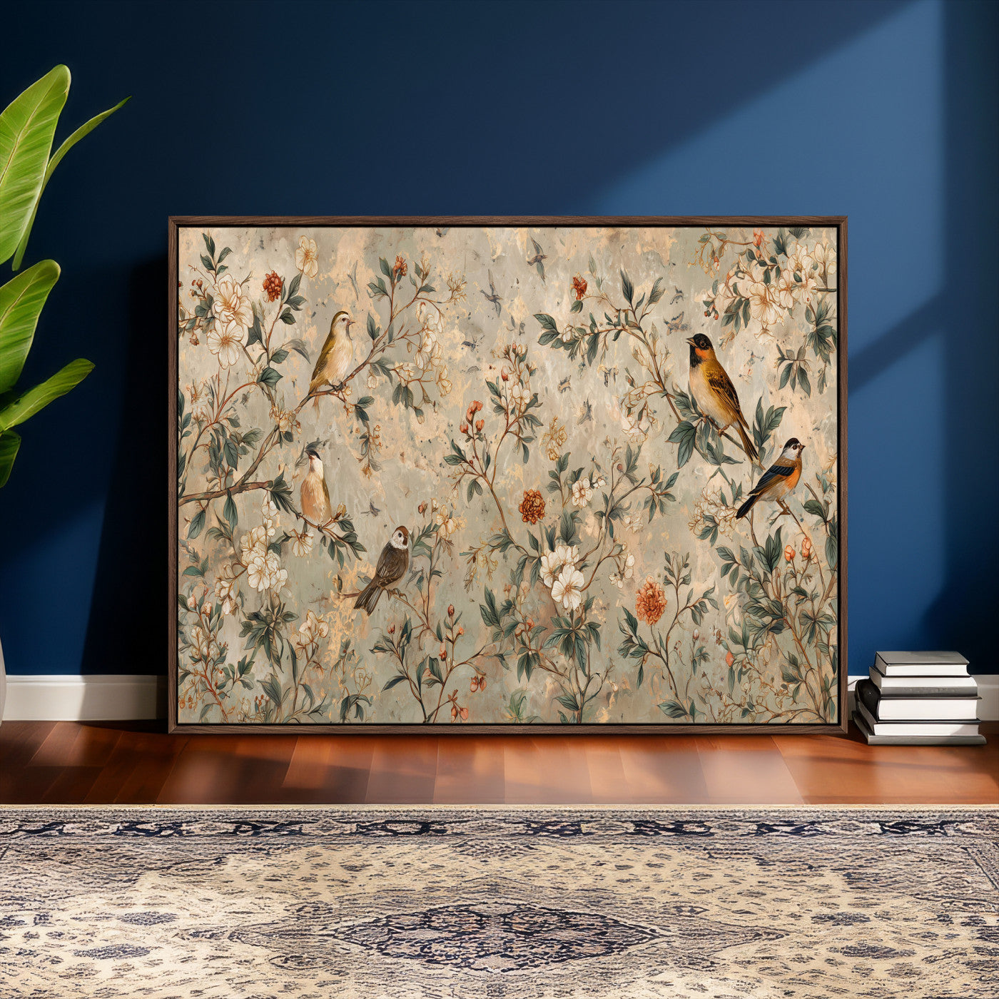 76588438-MGV-CV-36X24 - Vintage Birds and Flowers Wall Art Canvas Print, Botanical Bird Painting Canvas Print, Floral Garden Bird Artwork Canvas Print, Classic Bird Flower Painting Canvas Print