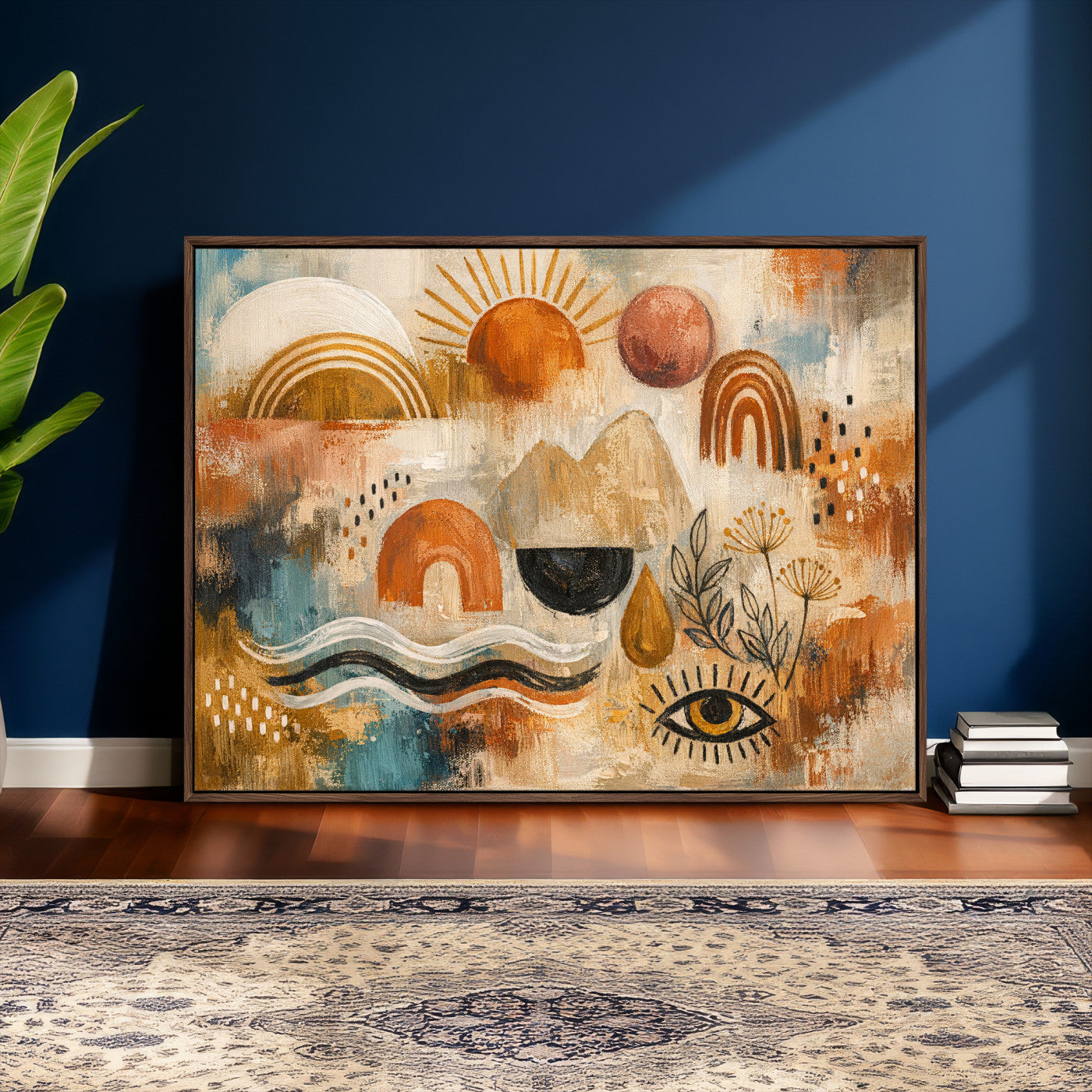 52155239-MGV-CV-36X24 - Geometric Boho Abstract Wall Art Canvas Print, Orange Blue Abstract Expressionist Painting Print, Modern Geometric Abstract Canvas Art